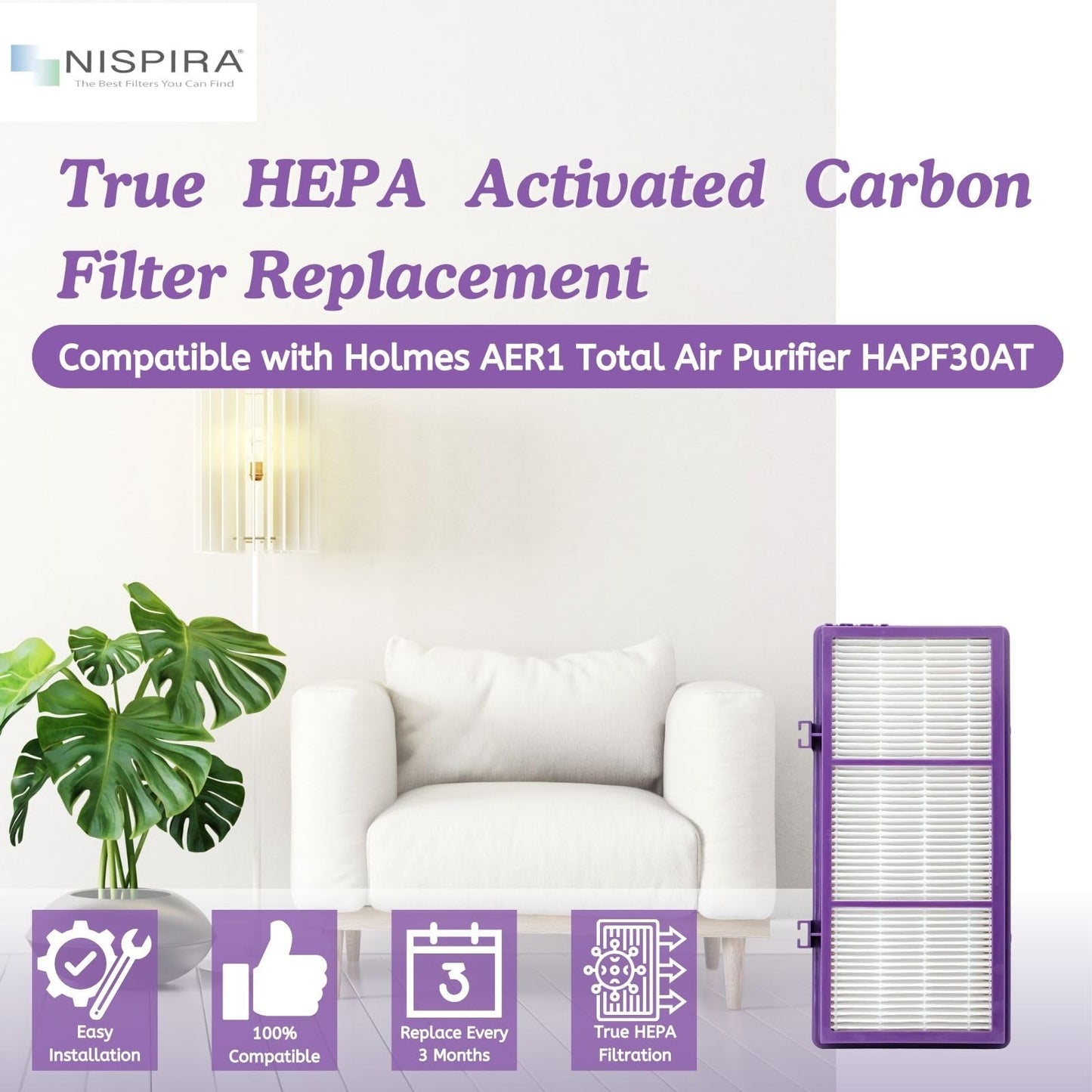 Nispira HAPF300AP AER1 Performance Plus Filter for Holmes HAPF30AT Air Purifier HAP242-NUC HAPF300AP-U4 True HEPA. 6 Pack