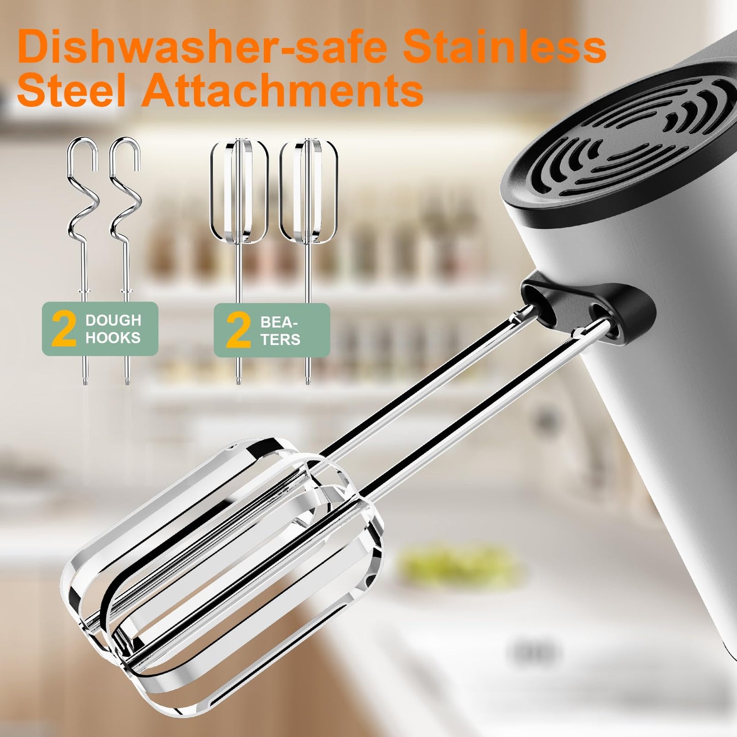 Electric Hand Mixer, Kitchen Handheld Mixer, Turbo Boost/Self-Control Speed + 5 Speed + Eject Button + Stainless Steel Hand Beaters*2 & Dough Hooks*2, Small Mixer for Cream/Cookies/Dough