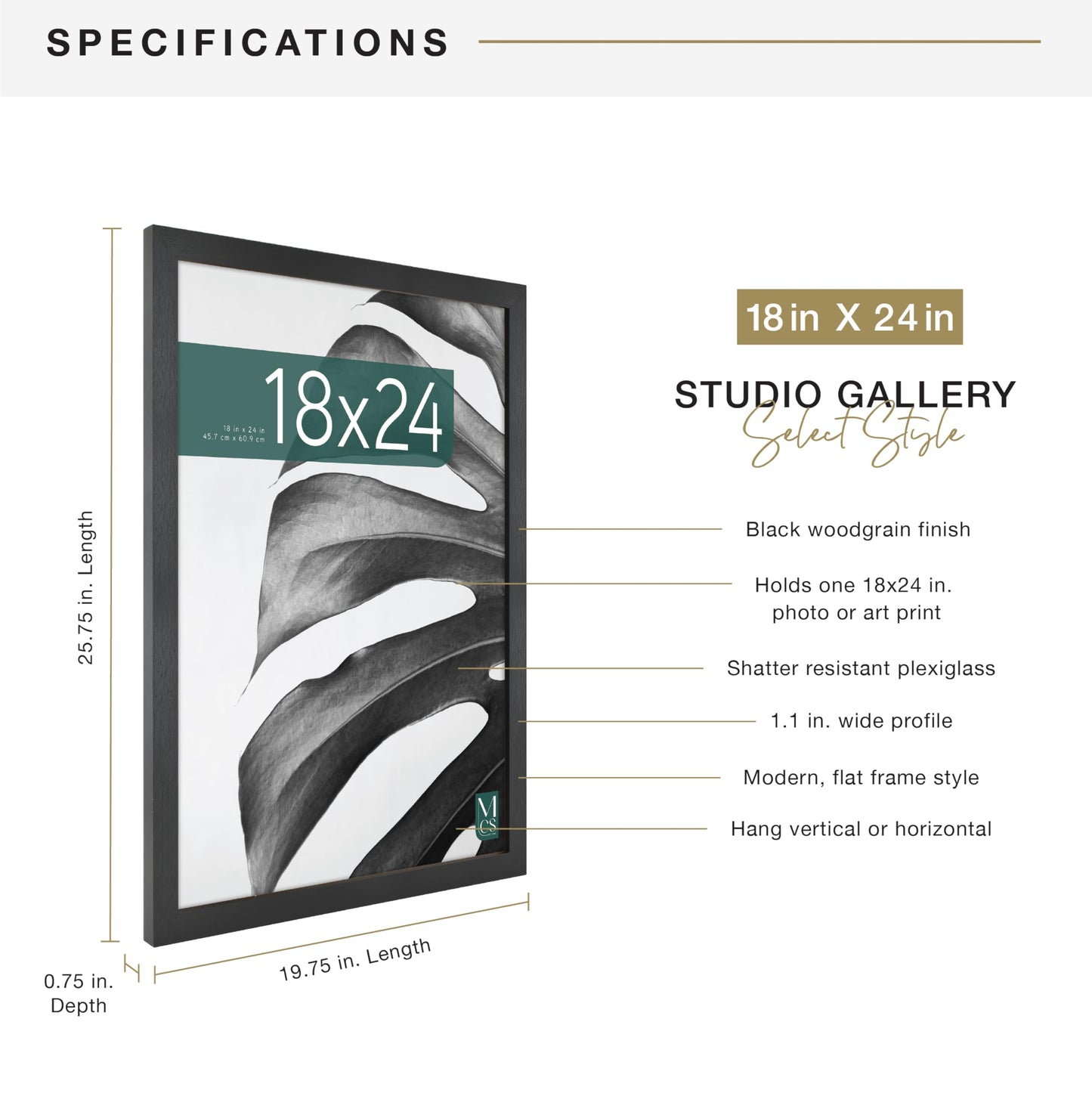 MCS Studio Gallery 18x24 Poster Frame Black Woodgrain Engineered Wood, Vertical & Horizontal Wall Hanging Large Picture Frame for Photos, Posters & Art Prints (1-Pack)