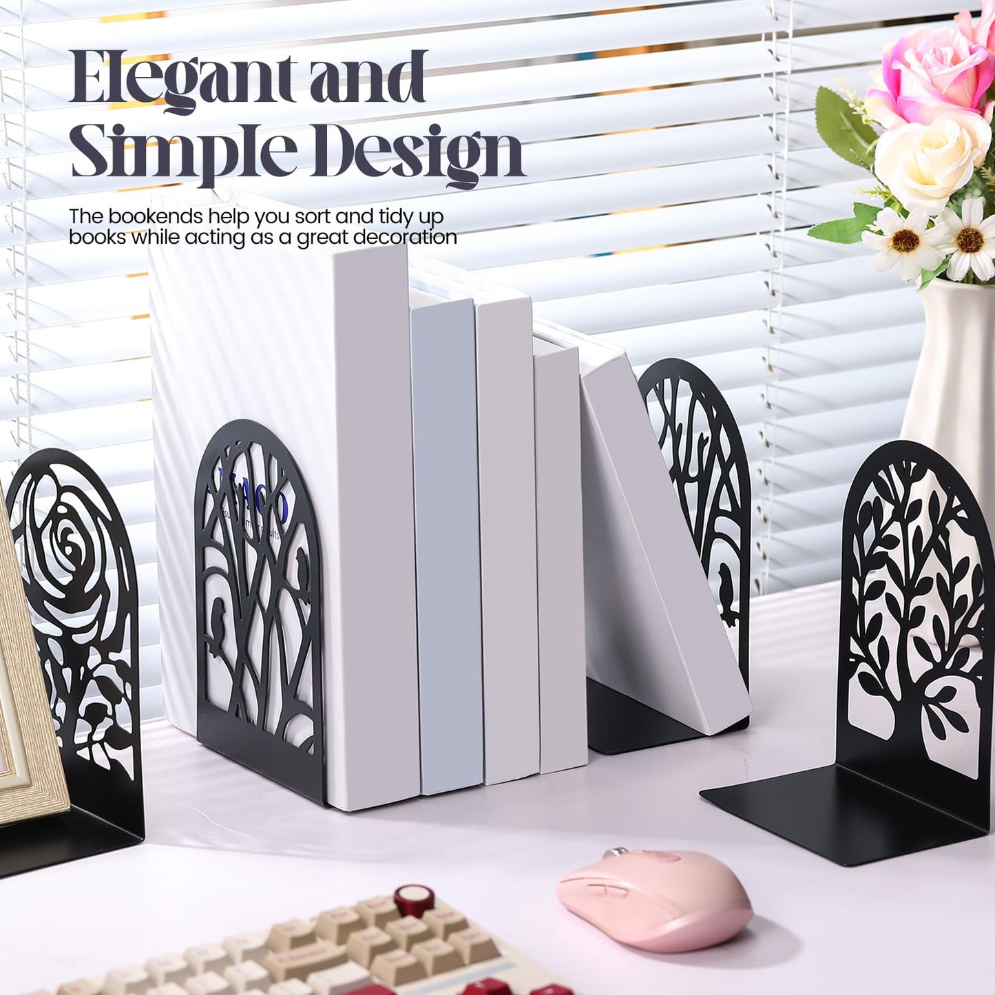 Feifeiya 6 Pairs Decorative Book Ends Metal Bookends for Shelves Black Metal Heavy Duty Book Ends Holder Supports Stoppers for Home Office School, 6.9x4.9x3.5”(Tree and Flower)