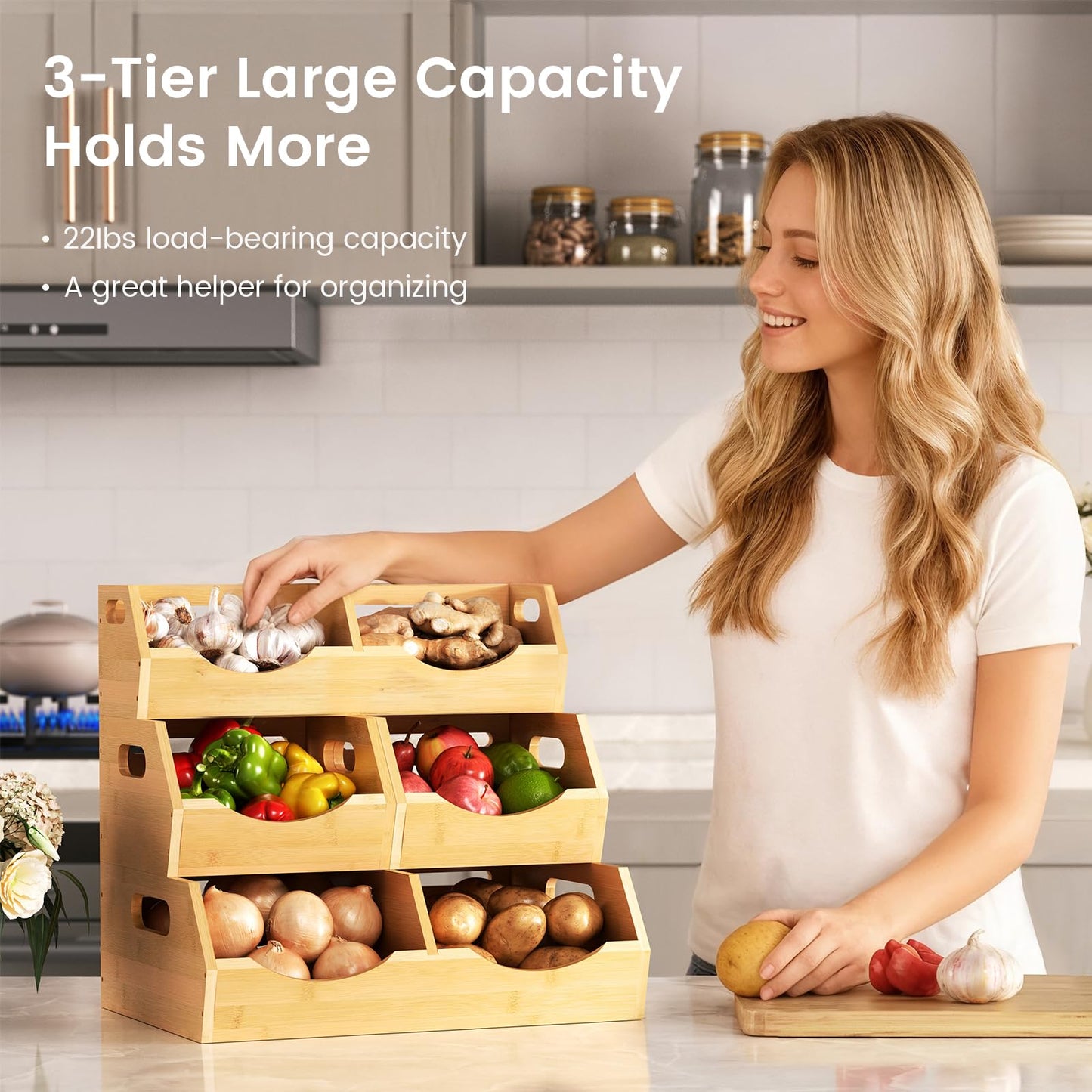 Onion Storage Bins Potato, 3 Tier Bamboo Pantry Storage Bin Stackable Ventilated Kitchen Organizer for Pantry, Countertop, Bathroom, Space-Saving, Easy Access Handle Natural Brown(Assembly Required)