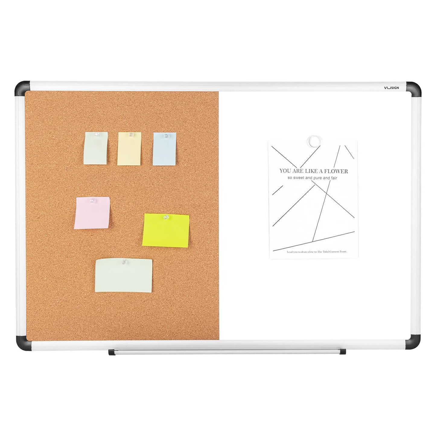 VUSIGN White and Cork Board Combination, 24" x 36" Dry Erase and Corkboard Combo for Home or Office, Wall Mounted Notice Bulletin With Aluminum Frame
