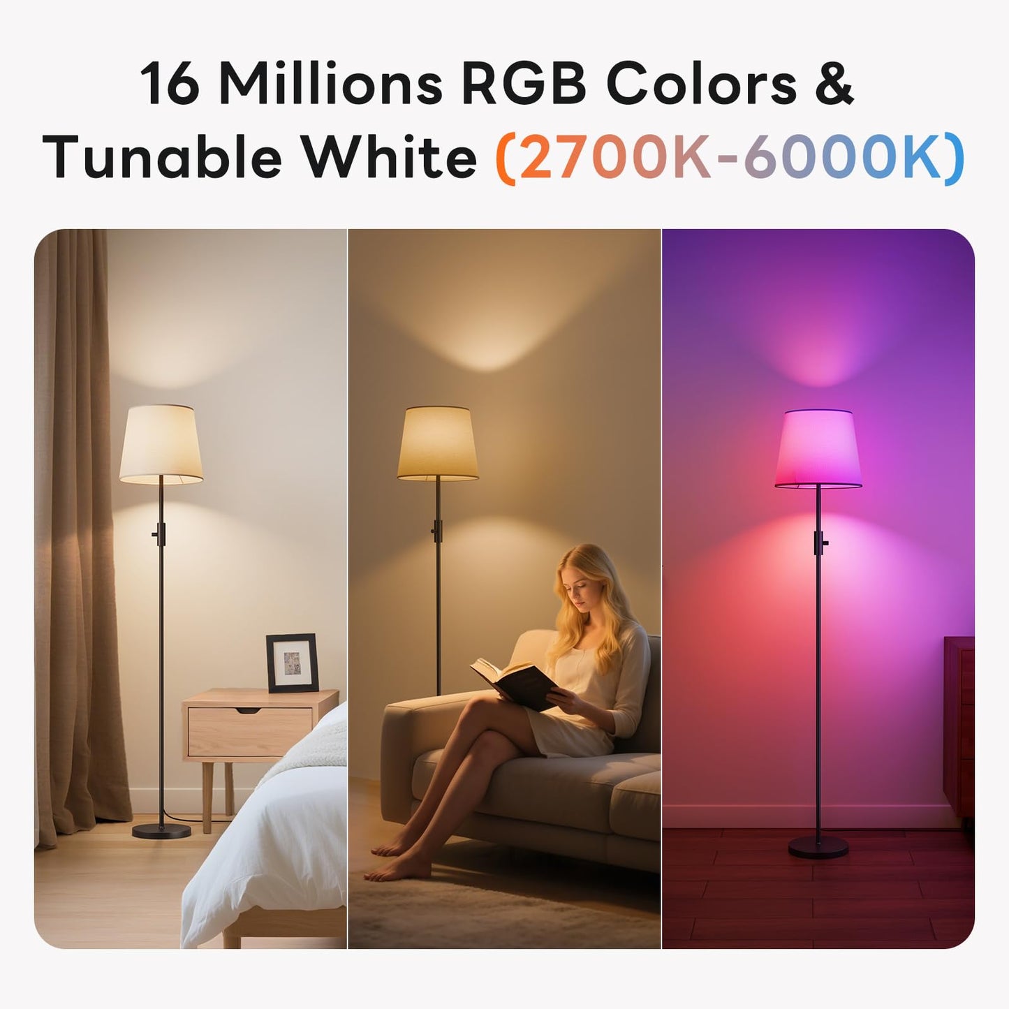 VARICART Smart Floor Lamp with RGBCW Color Change Bulb, Compatible with Alexa, Siri, Google Voice & App Control, Standing Lamp with Linen Shade, Tall Lamp for Living Room, Bedroom, Office,Black