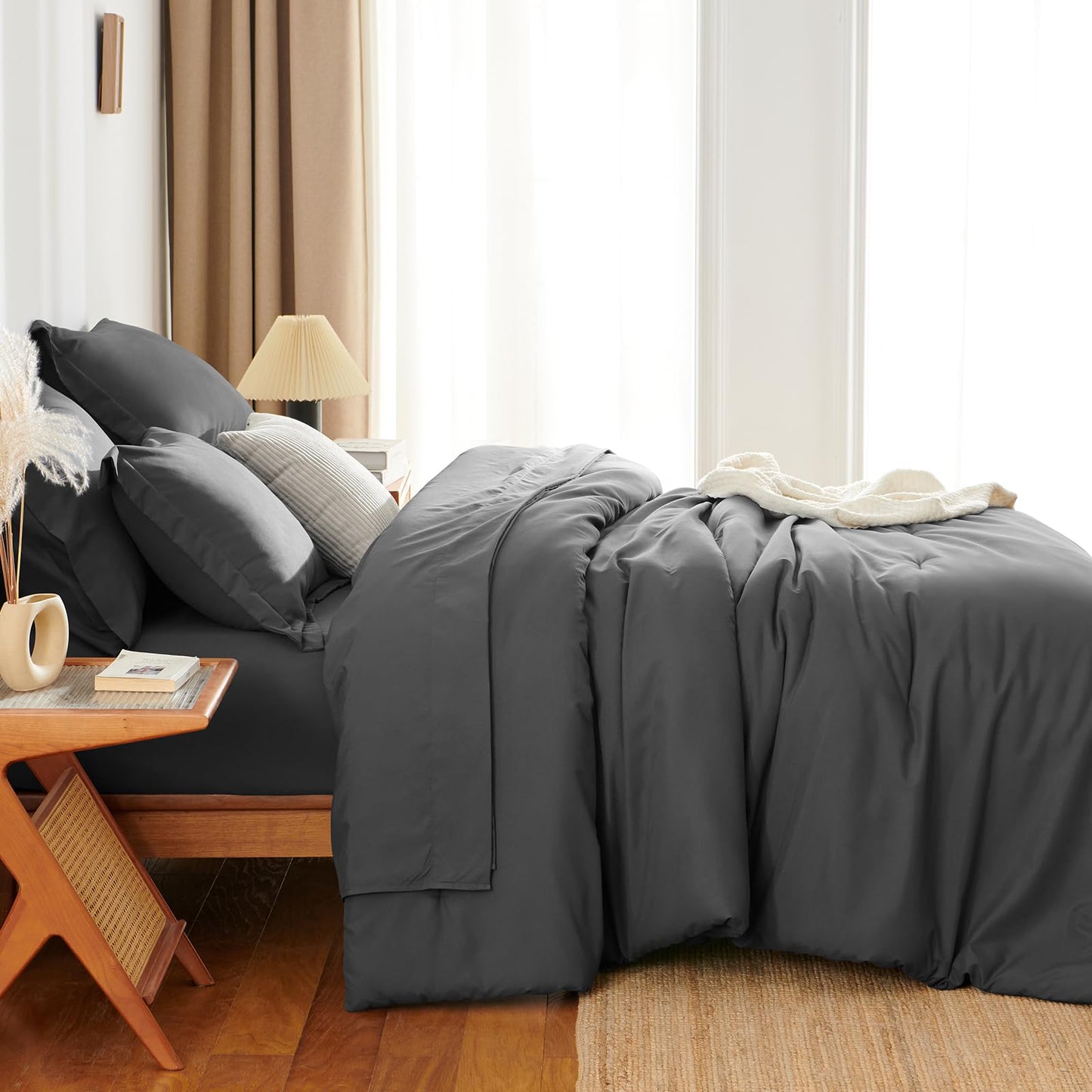 HIMEET Full Size Comforter Sets - 7 Pieces Bed in a Bag Full, Luxury Comforter Set with Sheets for All Season, Bed Set with Comforter, Flat Sheet, Fitted Sheet, Pillowcases & Shams, Dark Grey