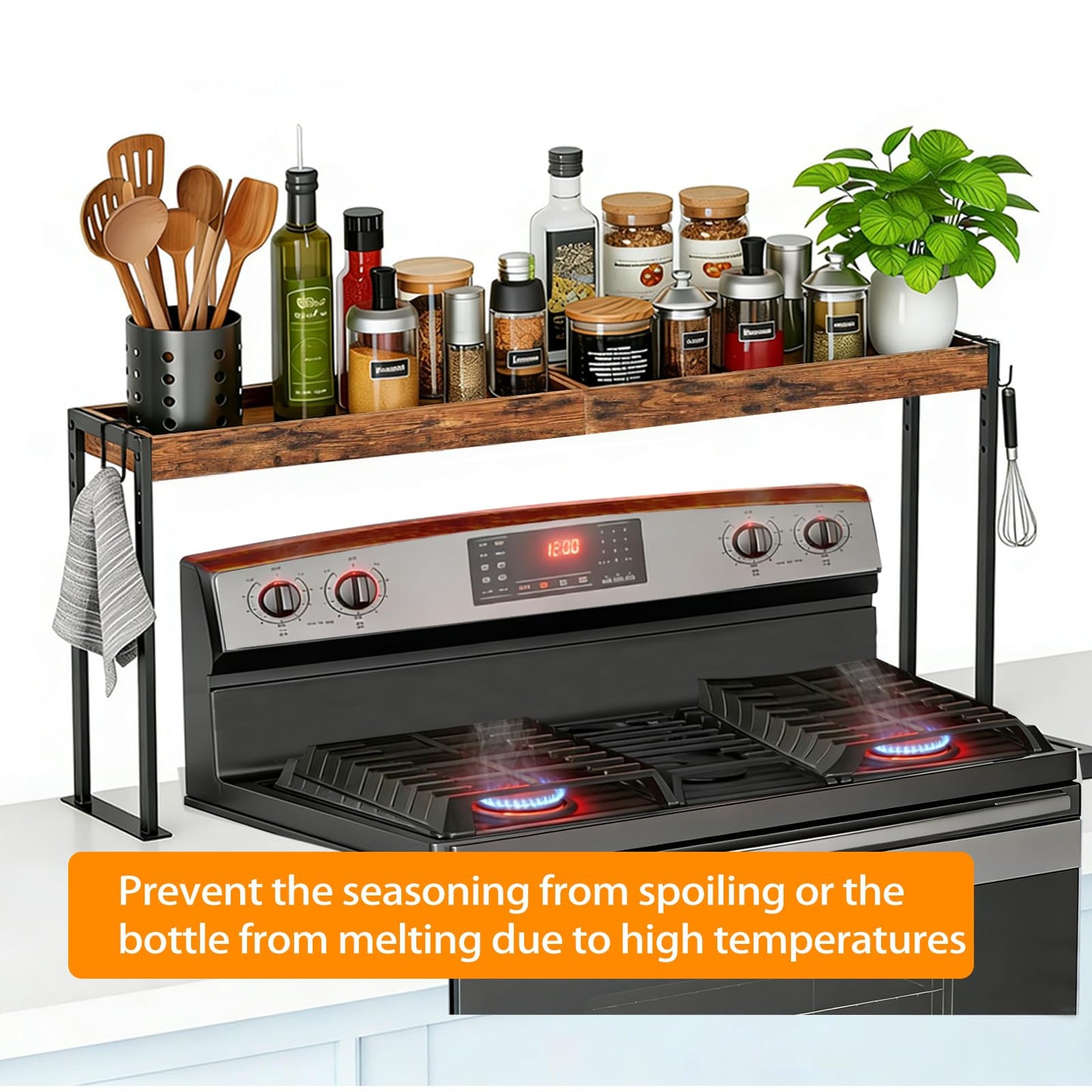 EffiJoy Spice Rack Shelf for Kitchen Stove, Over the Stove Shelf with 4 Level Adjustable Height, Over Stove Spice Rack with 4 Hooks, Rustic Brown + Black