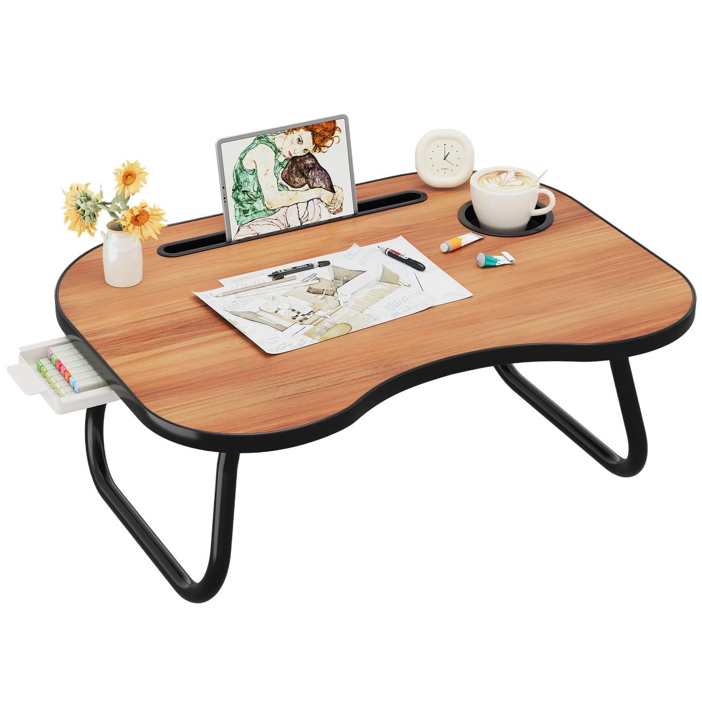 Lap Desk for Laptop Bed Trays for Eating and Laptops Breakfast in Bed Laptop Stand TV Trays for Bed with Cup Holder/Drawer for Sofa/Couch Portable Foldable (Black Walnut, L(23×16")+Drawer)