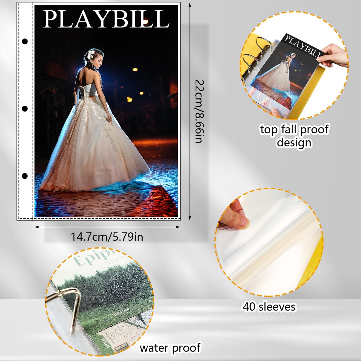 Sinload 2 Set Show Bill Binder with Sleeves for Broadway and Theatre 3 Ring 9.5“ x 9.5”Theater Program Holder with 40 Sheet Protectors PU Leather Playbill Binders Playbill Holder(Yellow and Black)