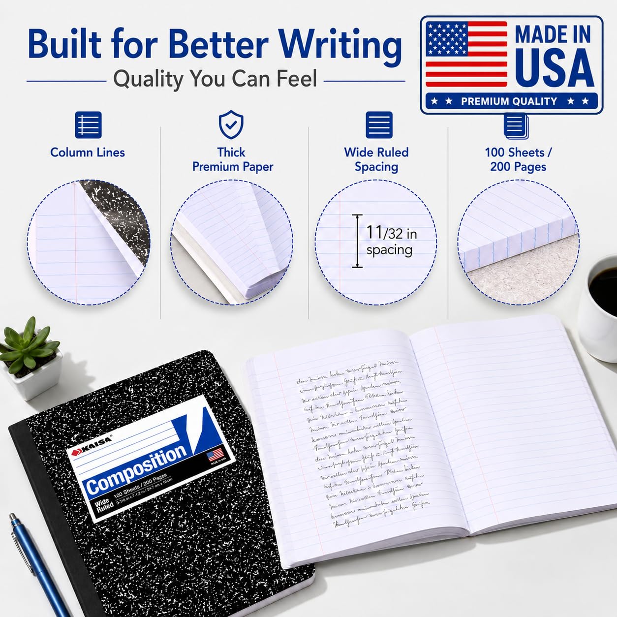 KAISA Composition Notebooks 100Sheets Comp Book,Wide Ruled 9.75x7.5inch, Classic Marble Composition Books, Carton of 20pads, C10001W