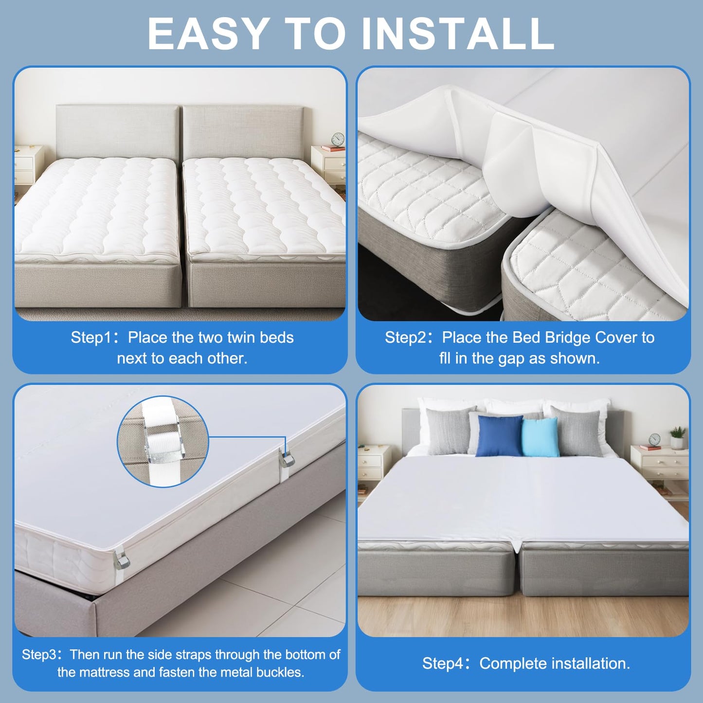 odesoy Upgrade 3-in-1 Bed Bridge Twin to King Bed Converter with Fitted Sheet- Mattress Gap Filler King Bed-with Sheet Strap Set 78"x 75"-Patent