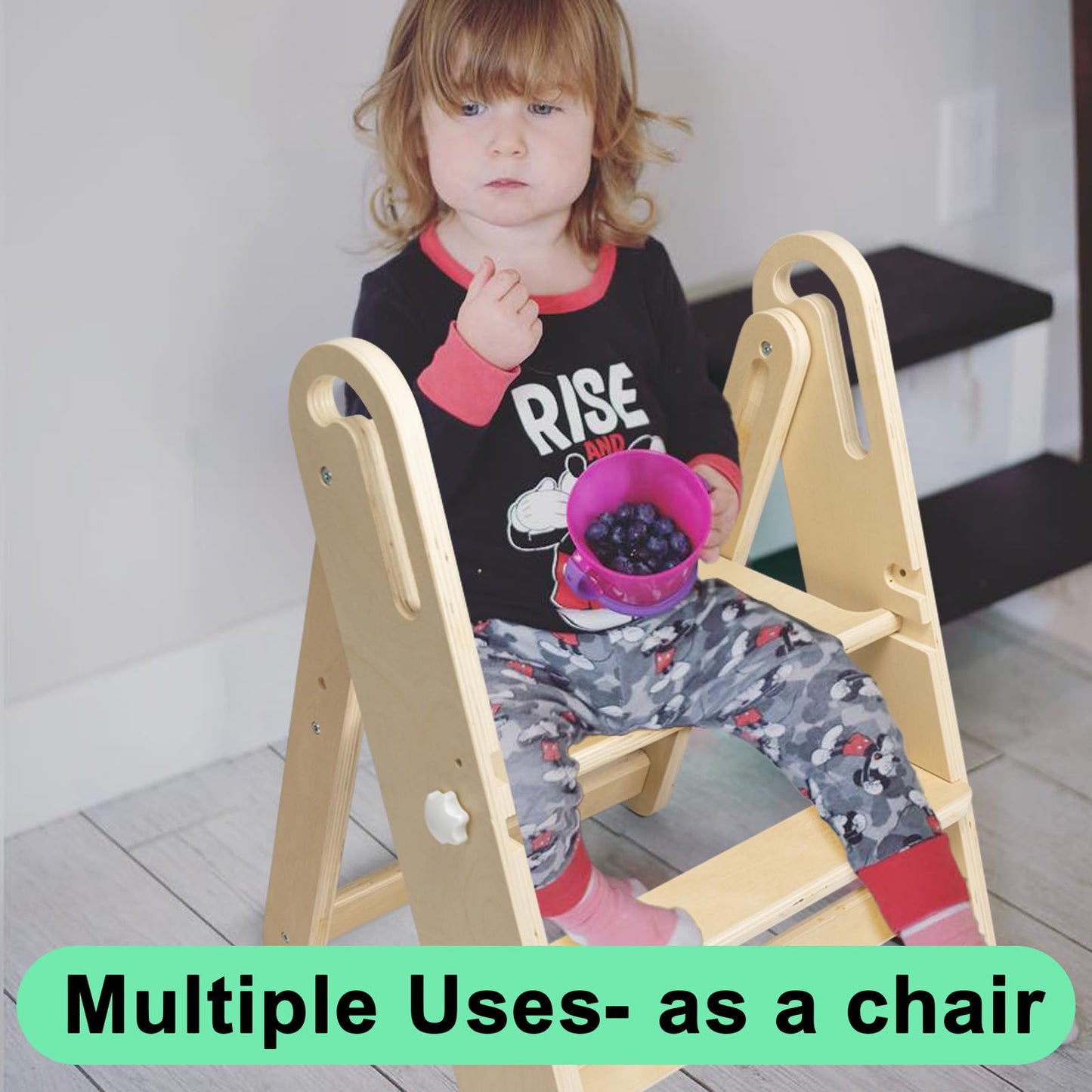 WOOD CITY Step Stool Foldable for Toddlers, Adjustable Kids Step Stool for Bathroom Sink Toilet Potty Training Stool with Handles Child Kitchen Counter Stool Helper Montessori Kitchen Stools