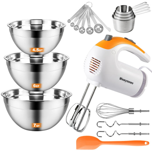 300W 5-Speed Electric Hand Mixer with 3 Thickened Nesting Mixing Bowls, Measuring Cups and Spoons, Complete Kitchen Cake Mixer with Paddle, Dough Hook and Whisk for Baking