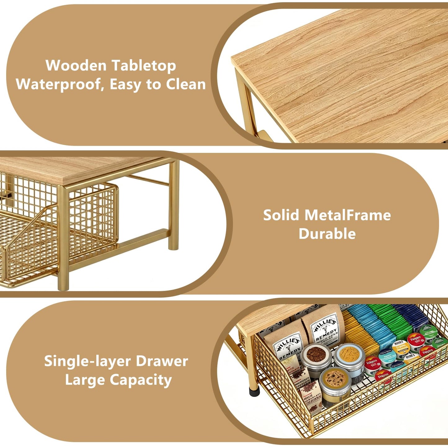 Funecy Coffee Pod Drawer Holder,Coffee Machine Storage Rack,Home Kitchen Counter Coffee Bar Organizer,Storage Basket Drawer (Gold)