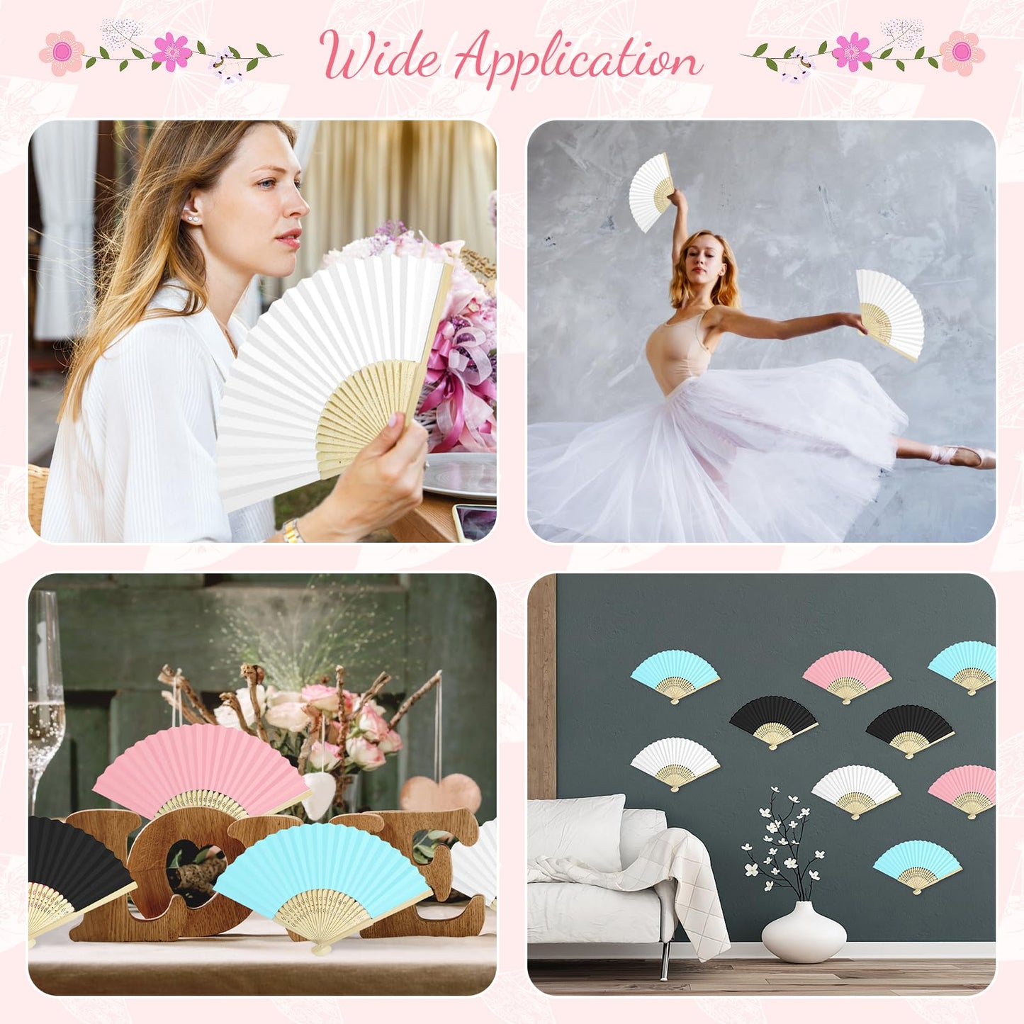 Grosun 50 Packs White Paper Fans Paper Hand Fan Bamboo Folding Fan Handheld Fan Paper Folded Fan Paper Fan for Wedding Party and Home Decoration