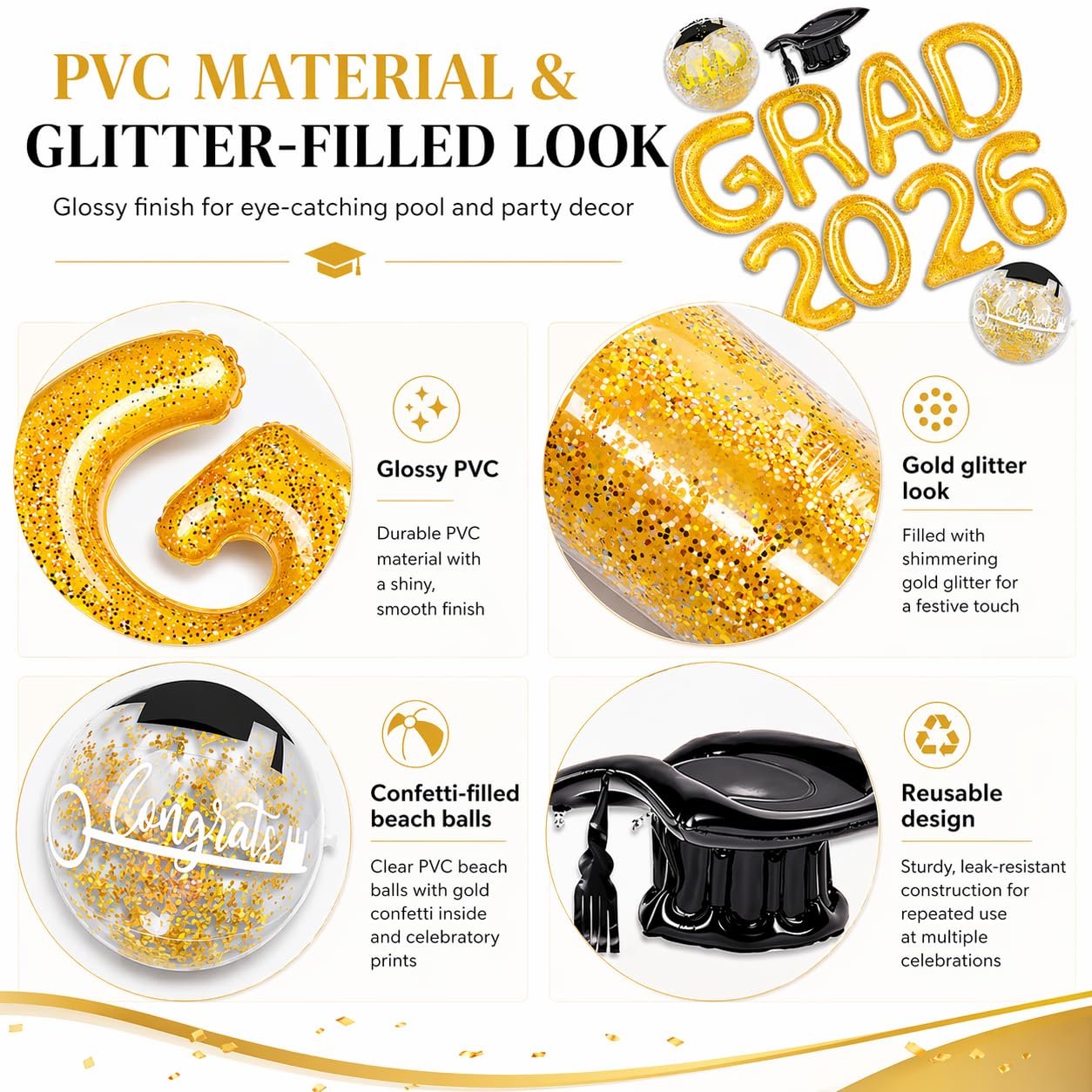 Graduation Inflatable Pool Party Decorations - 12Pcs Grad 2026 Letters 20 x 15 in Gold Pool Float & Graduation Beach Balls Congrats Sign & Grad Cap Inflatable for Class of 2026 Glitter Party Supplies
