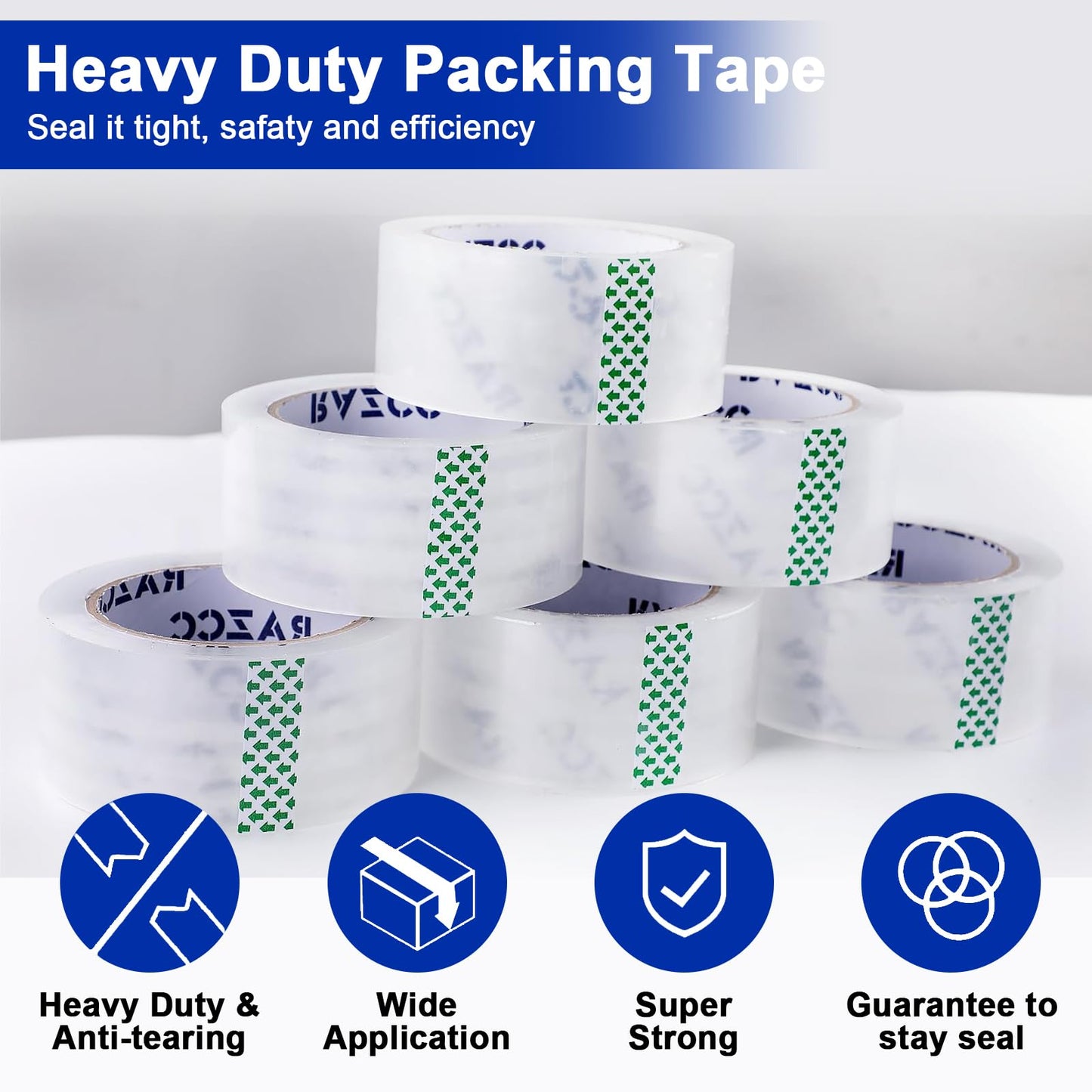 RAZCC Clear Packing Tape, 24 Rolls Heavy Duty Packaging Tape with Dispensers for Packing Shipping Moving and Sealing, Thicker Packing Tape-2" x 65 Yards Per Roll, 1560 Total Yards