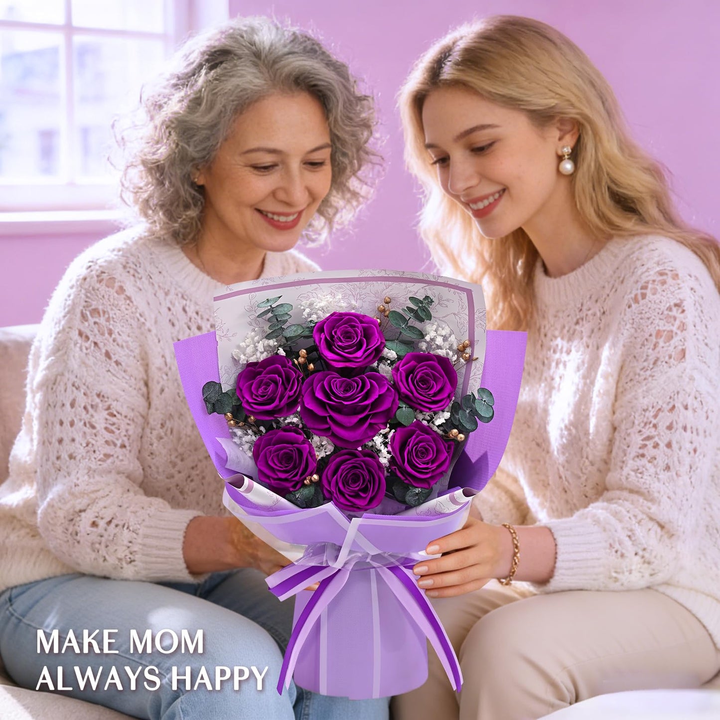 Forever Rose Flowers for Delivery Mothers Day Gifts, 7-Piece Purple Preserved Roses Flowers Bouquet with Vase Gift Box, Long-Lasting Flower Bouquet for Mom Her Women Wife Girlfriend Mothers Day