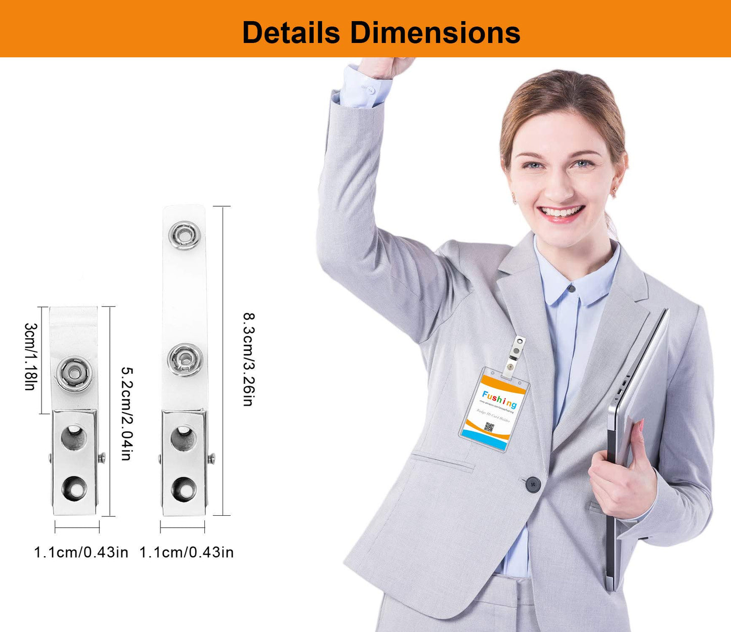 Fushing 300Pcs Metal Badge Clips with Clear PVC Straps for ID Cards and Badge Holders
