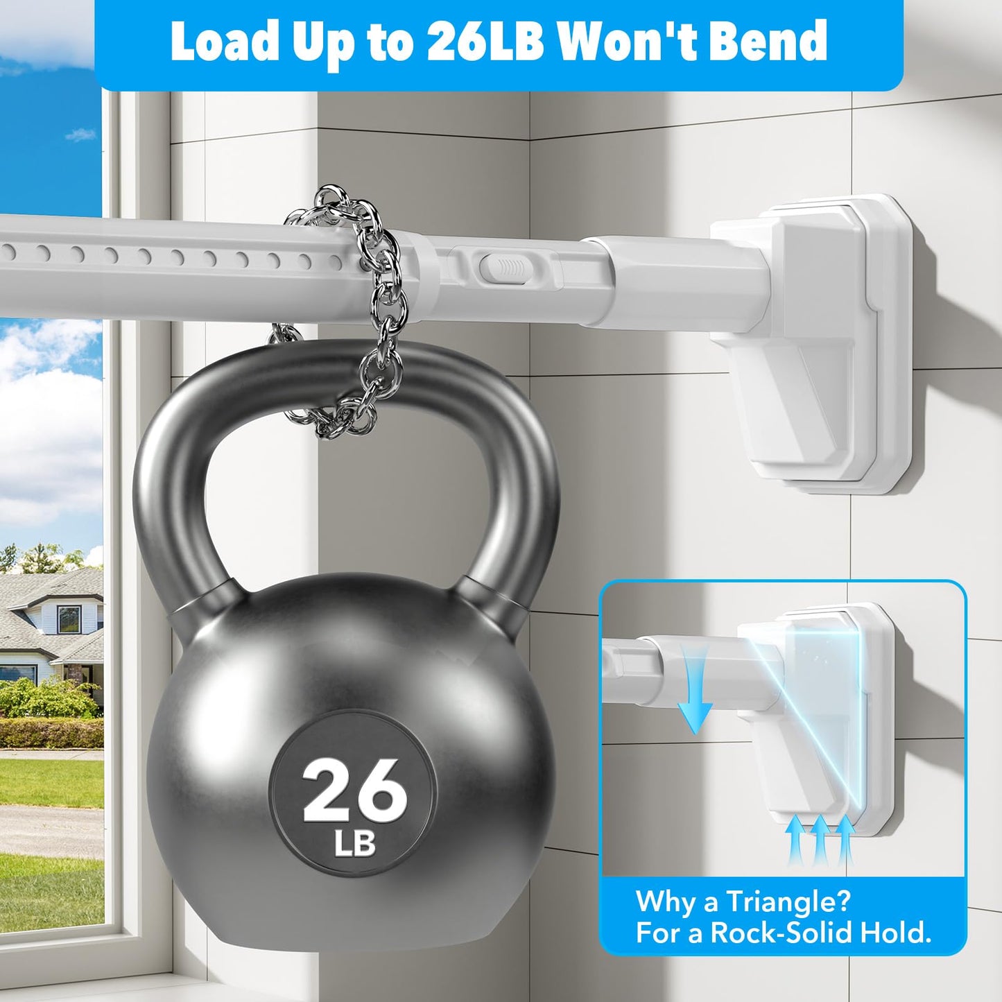 Tension Curtain Rod 41-185 In (4-15ft), Extra Long Tension Rod No Drilling For Patio Windows, White Shower Curtain Rod For Room Divider,One-Click Telescopic Rod, Outdoor Curtain Rods Never Rust