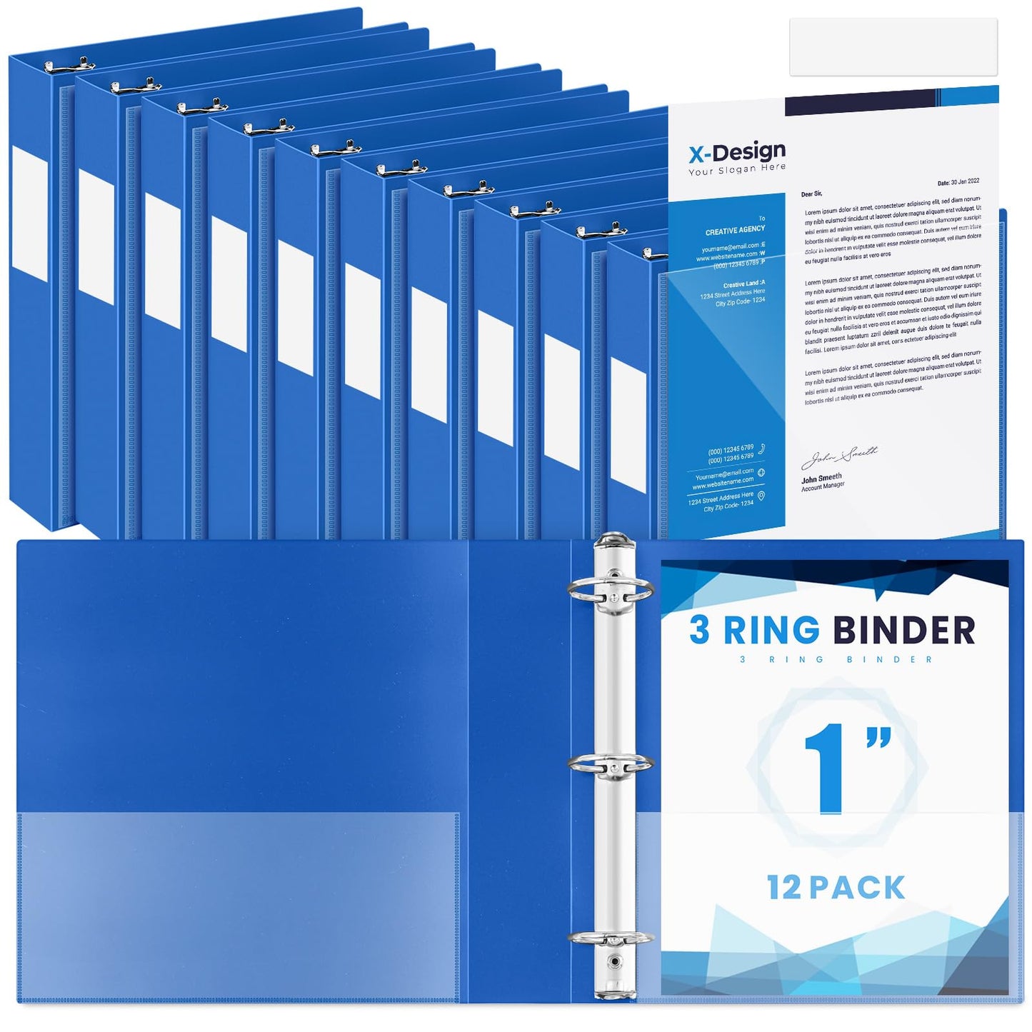 Henoyso 12 Pcs 1 Inch 3 Ring Flexible Poly Binders Bulk, Blue Plastic Telescoping 3 Ring Binder with Clear Front Cover and 2 Inner Pockets, Holds 240 Sheets 8.5"x11" Paper for School Office Home