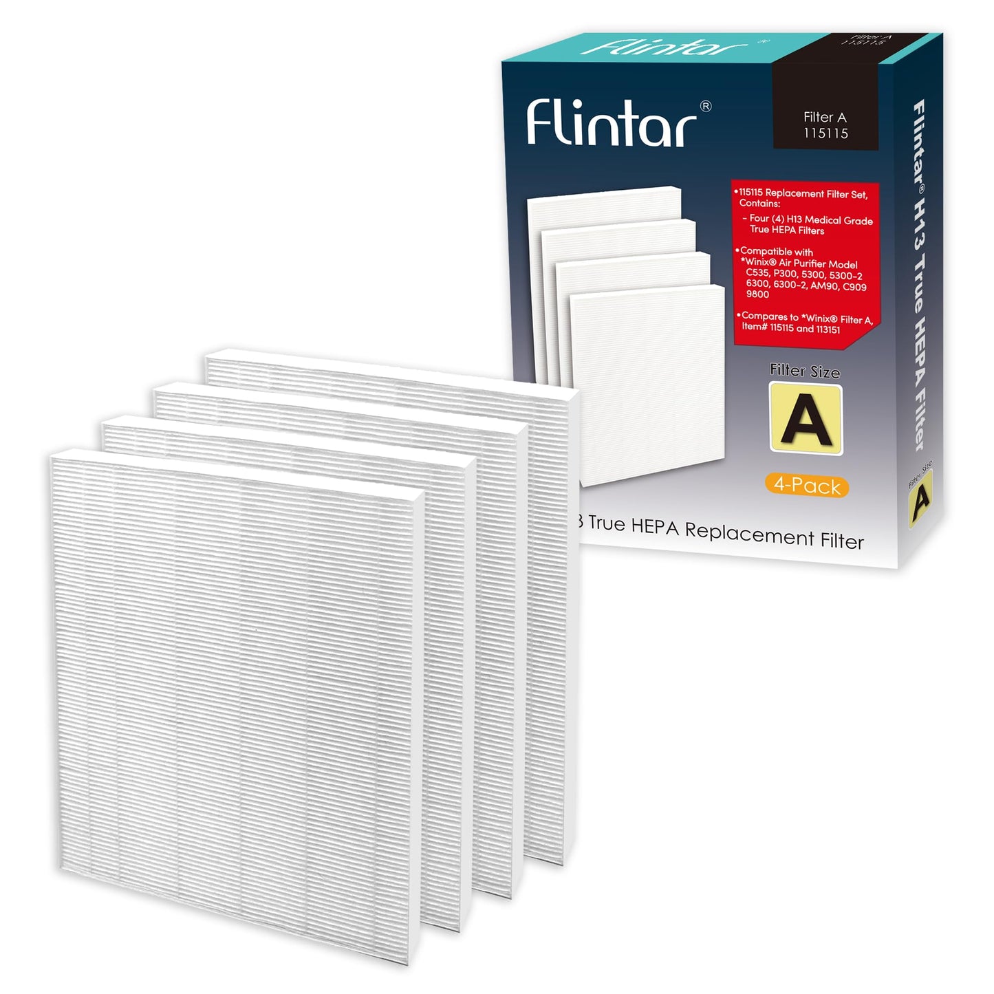 Flintar 115115 Filter A, Made in TAIWAN, Compatible with Winix Air Purifier C535, C909, 5300, 6300, P300, H13 Grade Replacement Filters, 4-Pack