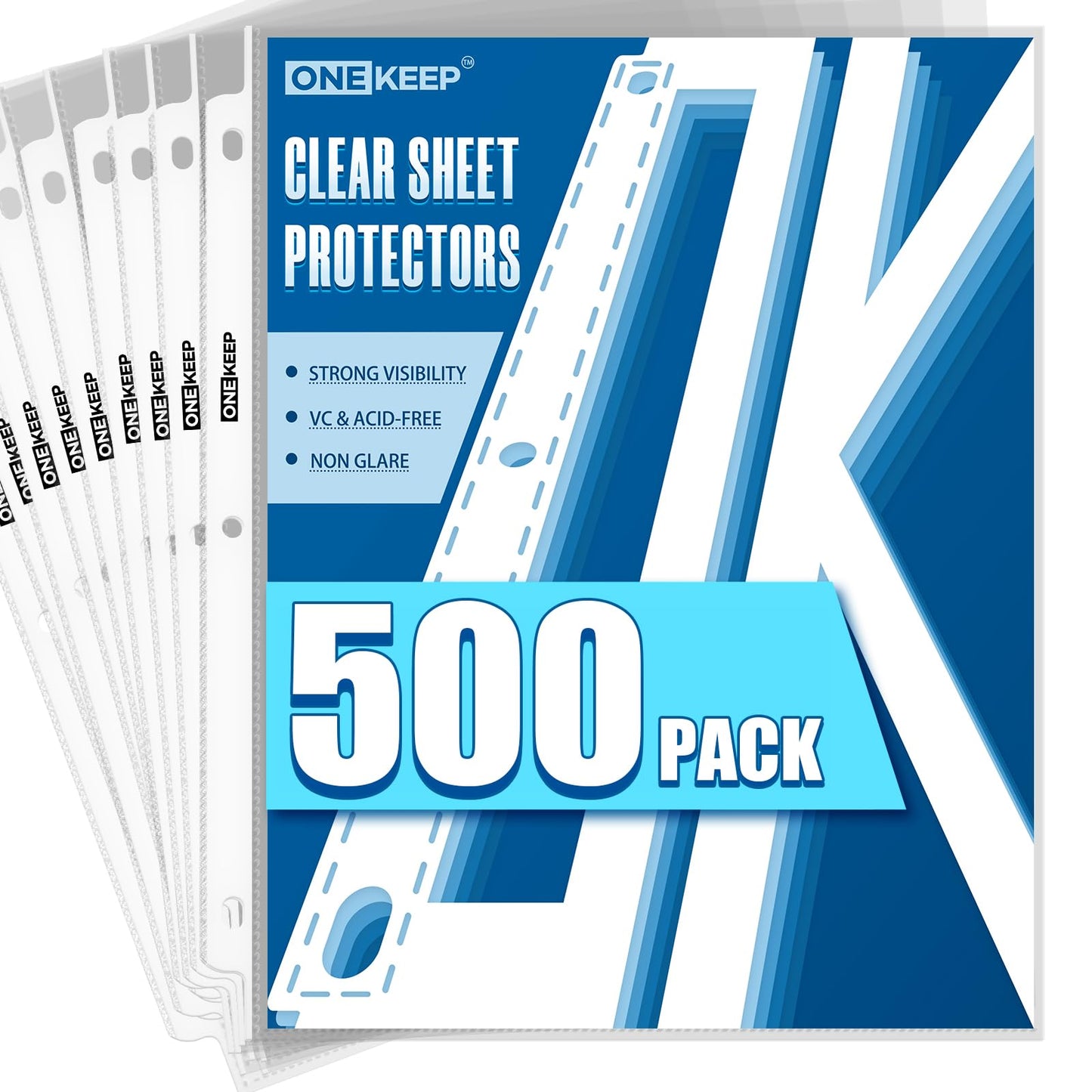 ONEKEEP 500 Pack Sheet Protectors, Top Loading Reinforced 3-Hole Page Protectors for 3-Ring Binders, Fits 8.5" x 11" Letter Size Paper – Perfect for Documents & Photos, Back to School Office Supplies