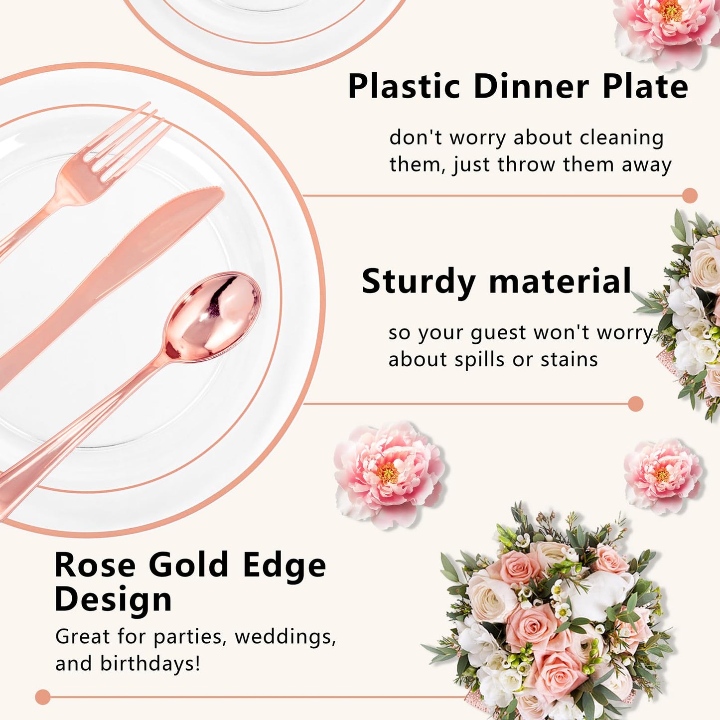 GATHER 350PCS Rose Gold Plastic Plates - Disposable Rose Gold Dinnerware Includes 100 Clear Rose Golds Rimmed Plastic Plates, 150 Silverware, 50 Napkins, 50 Cups for Party, Wedding