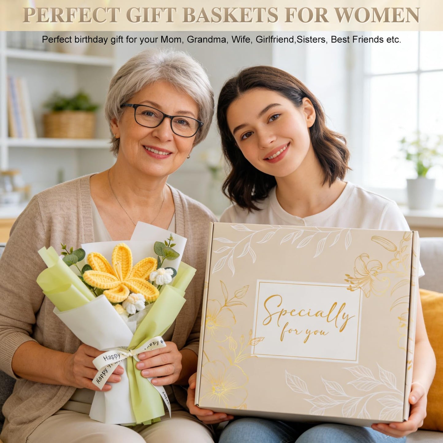 Sparkalyn Birthday Gifts for Women Self Care Package Get Well Soon Gift Baskets, Thinking of You Sympathy Spa Gift Set w/Crochet Flower Bouquet, Unique Gifts for Mom Sister Grandma Friends Women