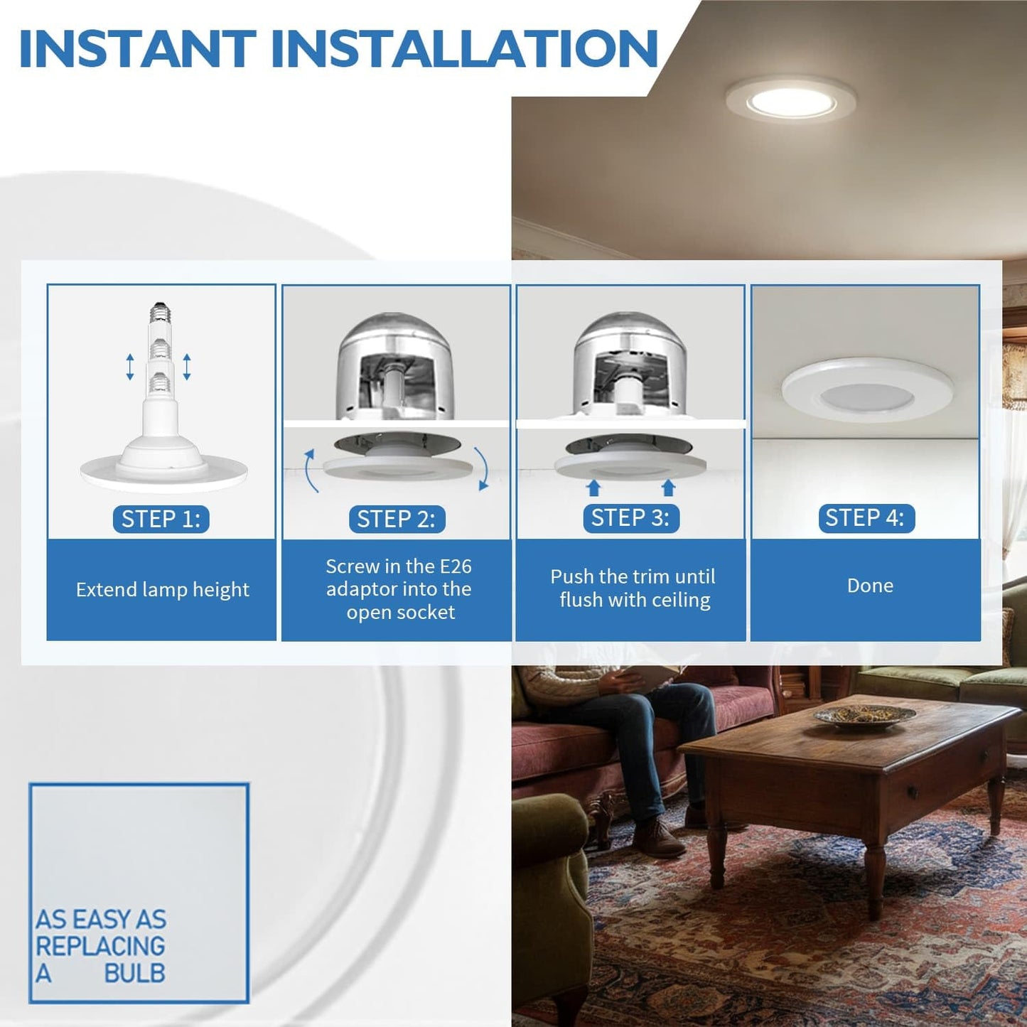 Jolux 5/6 Inch LED Can Lights Adjustable Recessed Retrofit Downlight,12W=60W,5000K Daylight, 800LM,Dimmable,ETL Damp Rated Conversion kit, Recessed Lighting Install,Flat Trim, E26 Base,4-Pack
