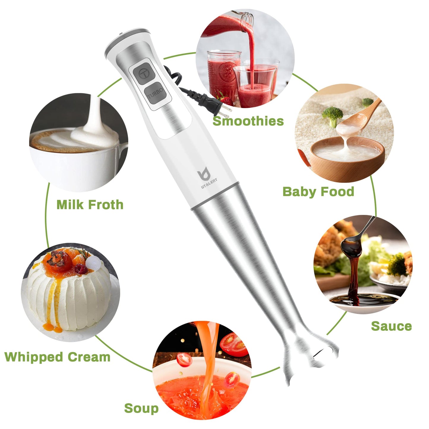 Immersion Hand Blender, UTALENT 5-in-1 8-Speed Immersion Blender with 500ml Food Grinder, 600ml Container,Milk Frother,Egg Whisk,Puree Infant Food, Smoothies, Sauces and Soups - White