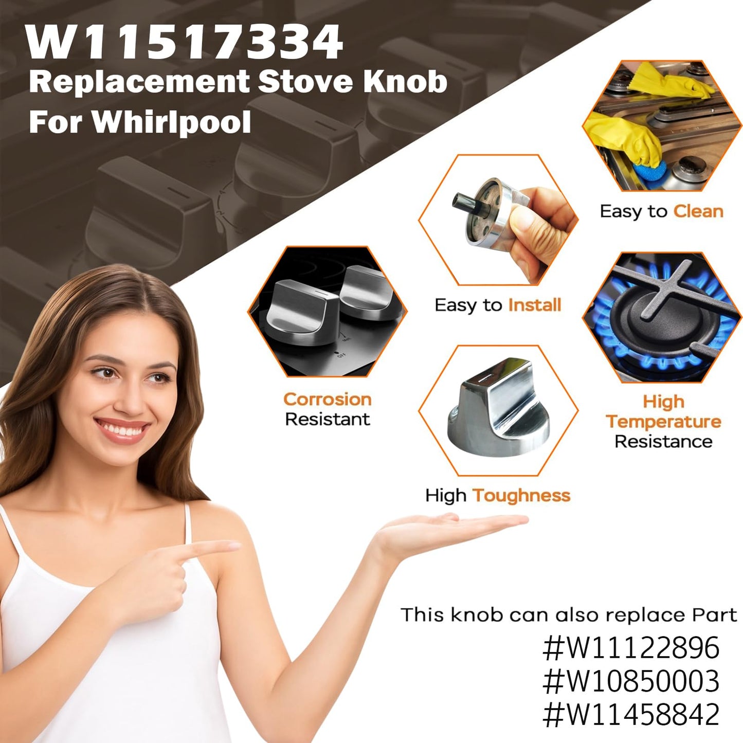 Upgraded (4Pcs) W11517334 Gas Stove Knobs Replacements for Whirlpool WEG515S0FS0/WEG515S0LZ1/WEG745H0FS1 Gas Ranges Oven Burner Cooktop Control Knobs, Replace Part W10850033/W11122869/W11458842