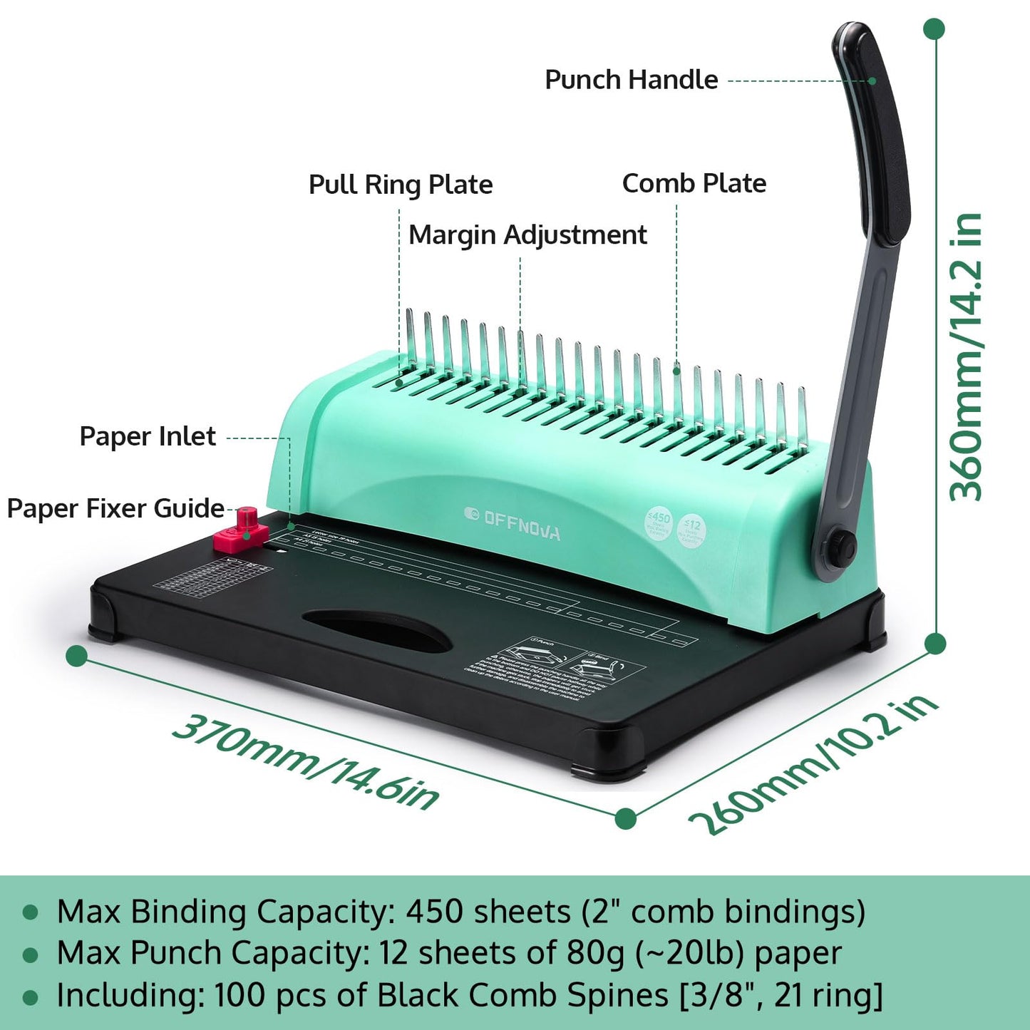 OFFNOVA Binding Machine, 21-Hole 450 Sheets Paper Comb Punch Binder Machine for Letter Size / A4 / A5 Paper, Easy to Punch Handle, Adjustable Margin