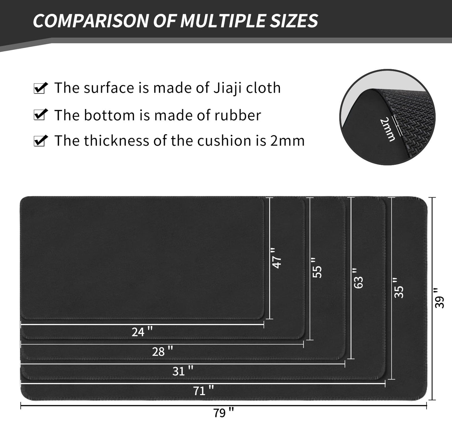 LERYG Large Tabletop Game Playmat, Water and Stain Resistant Non-Slip Desk Mat, Mahjong and Card Game MAT with Thick Stitched Edge, Cushioned Rubber Base (140 * 70cm*2mm) Black