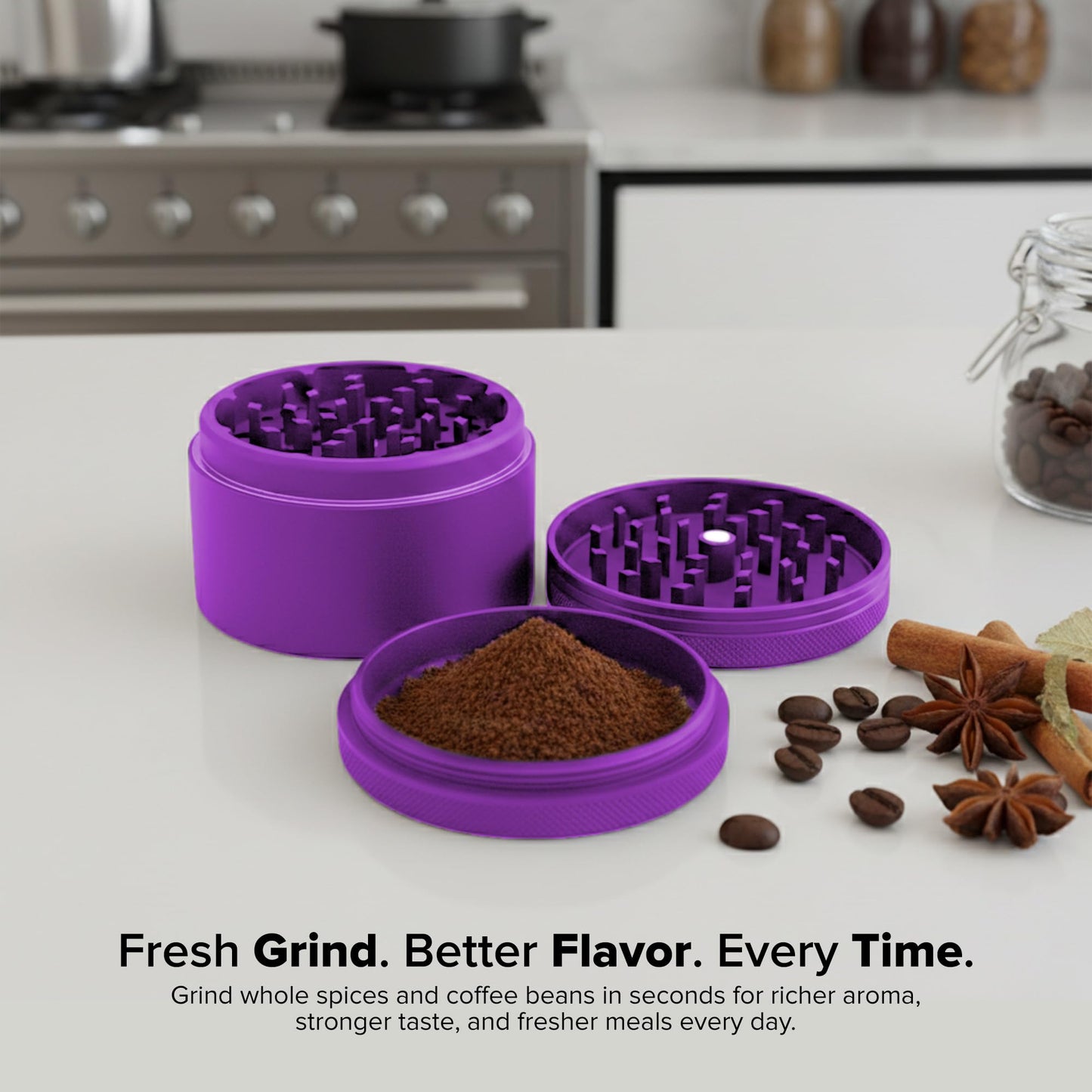HerbSaver 2.5 Inch Aluminum Spice Grinder – Manual Kitchen Grinder with Sharp Teeth, Magnetic Lid, Matte Finish for Pepper, Salt and Seasonings (Purple)