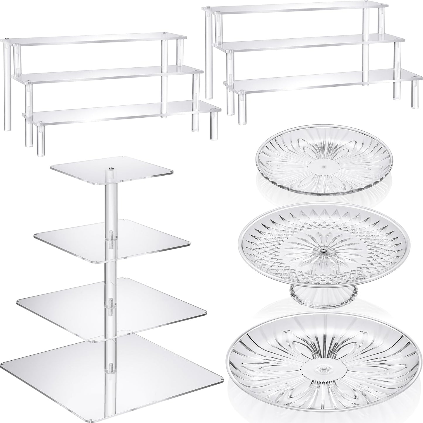 RimCereal 6 Pcs Acrylic Dessert Stands Set Include Display Risers Cupcake Tower and Clear Round Dessert Trays Cake Table Holder for Wedding Baby Shower Decoration(Classic Style)