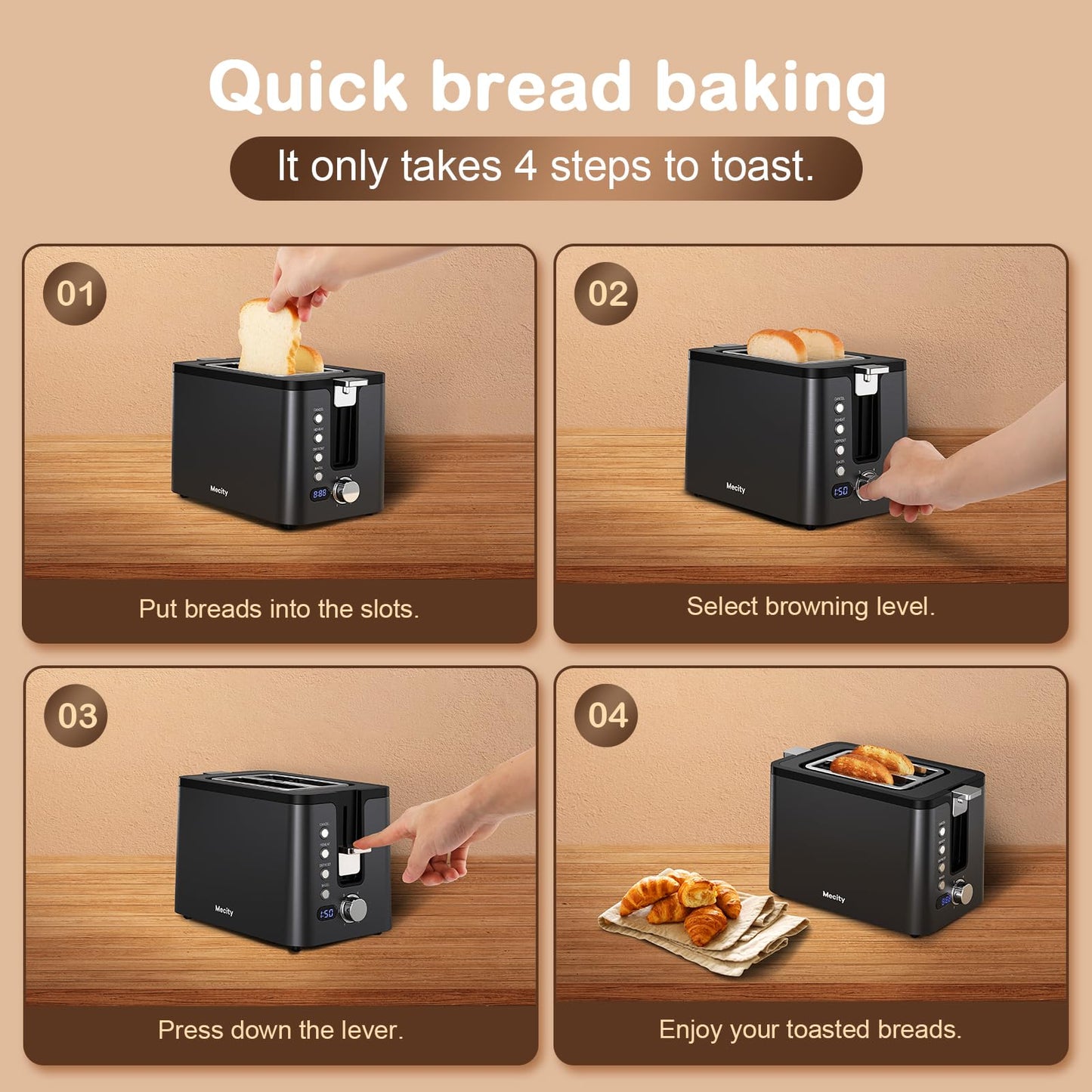 Mecity Toaster 2 Slice Stainless Steel Body, Timer, Bagel, Defrost, Reheat, Cancel Functions, Warming Rack, Removable Tray, 6 Browning Settings, Extra Wide Slots, Bread Toaster, 120V 800W Black