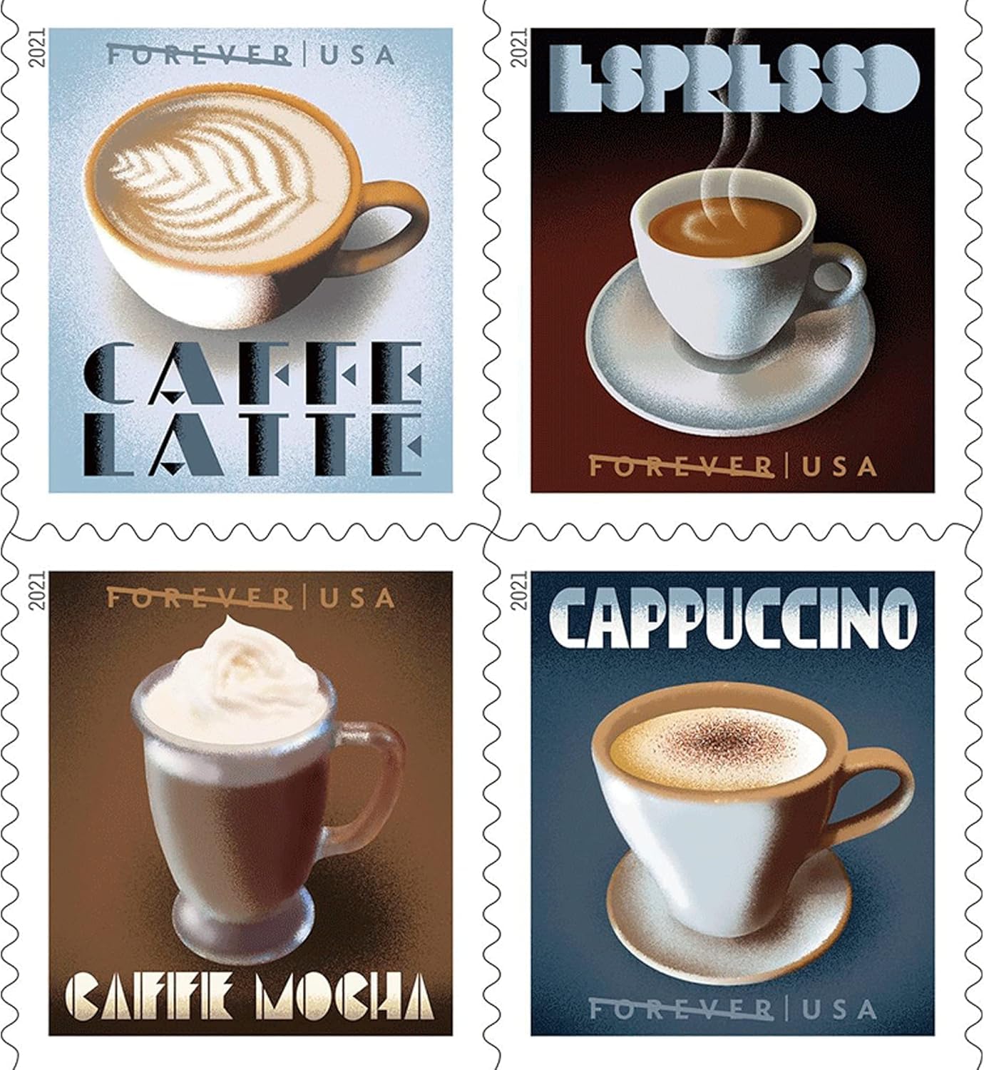 USPS Espresso Drinks First Class Forever Postage Stamps 2 Books of 20 Coffee Caffe Latte Cappuccino Birthday Anniversary Wedding Celebrate (40 Stamps)