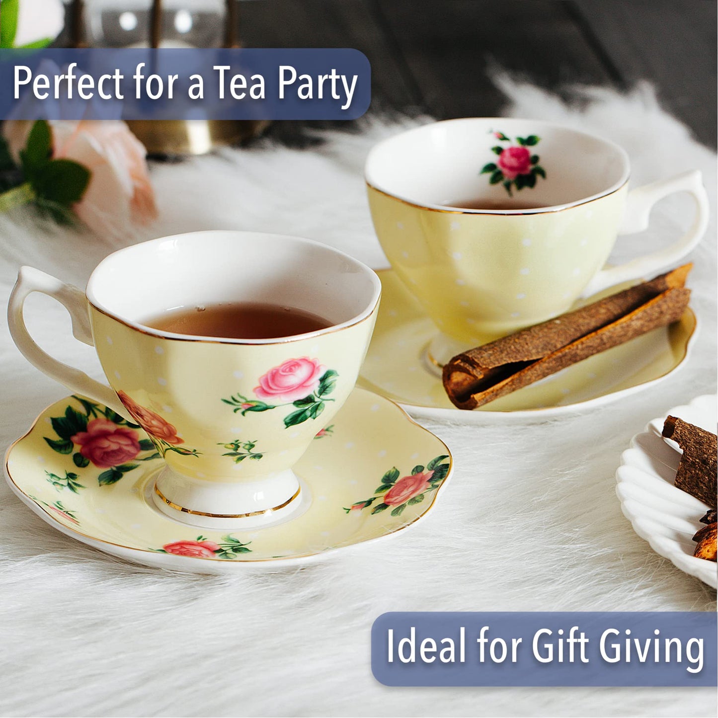 BTaT- Floral Tea Cups and Saucers, Set of 8, 8 oz, Fine Porcelain Teacup Set with Gold Trim for Afternoon Tea, Weddings, Parties & Gifting, Dishwasher Safe, Lightweight, Non-Toxic