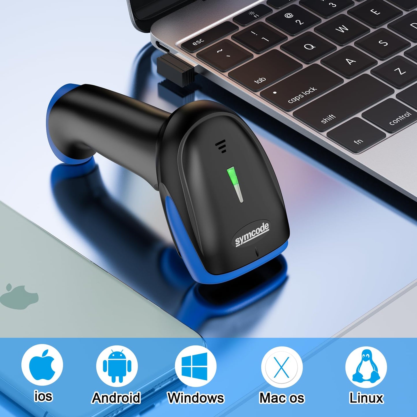 Symcode Wireless Bluetooth Barcode Scanner,3-in-1 Bluetooth & USB Wired & 2.4G Wireless Barcode Reader Scanner 2D 1D QR Code Automatic Fast Precise Bar Code Scanner for Phone Laptop Tablet
