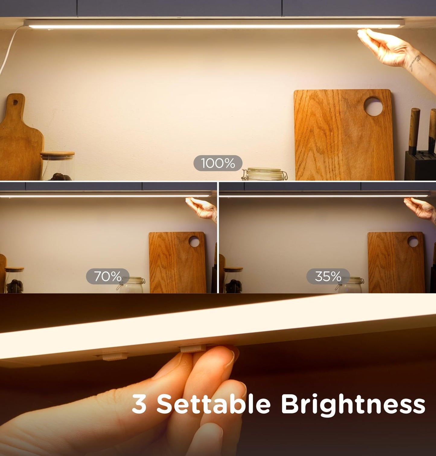 Tonlesm 24 Inch Under Cabinet Lighting Plug in, 14W 120V 3 Color 3000K/4000K/5000K, 3 Brightness, Super Bright, Ultra Thin Under Counter Lights for Kitchen, Linkable LED Cabinet Light, White