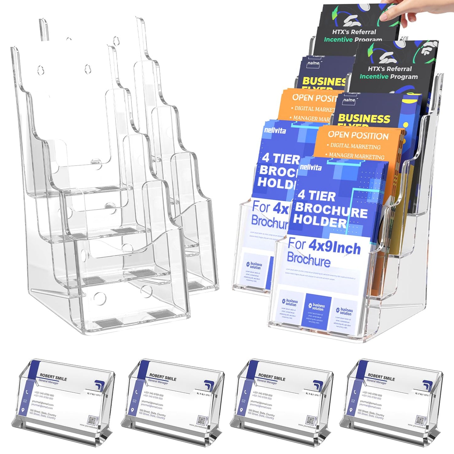 Nellvita 4 Pcs Acrylic Brochure Holder, 4 x9 Inches Flyer Holder, 4 Tier Clear Pamphlet Holder, 4 Inch Wide Magazine Literature Organizer Holder, Brochure Display Stand, for Wall Mount or Desktop Use