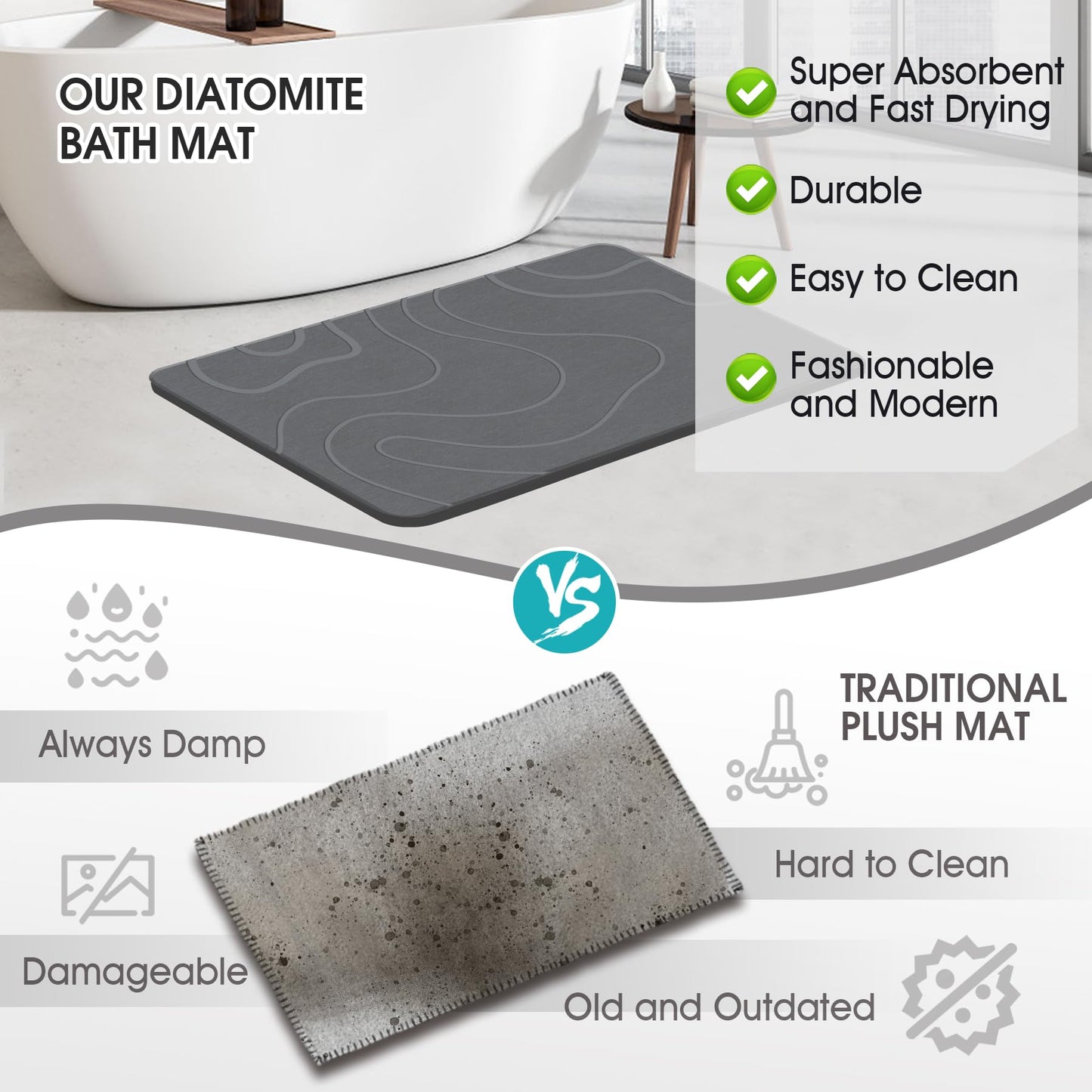 ZIKIBL Stone Bath Mat Diatomaceous Earth Shower Mat Non-Slip Super Absorbent Diatomite Stone Mats for Bathroom Floor Quick-Drying Easy to Clean (24''*16'' Grey)
