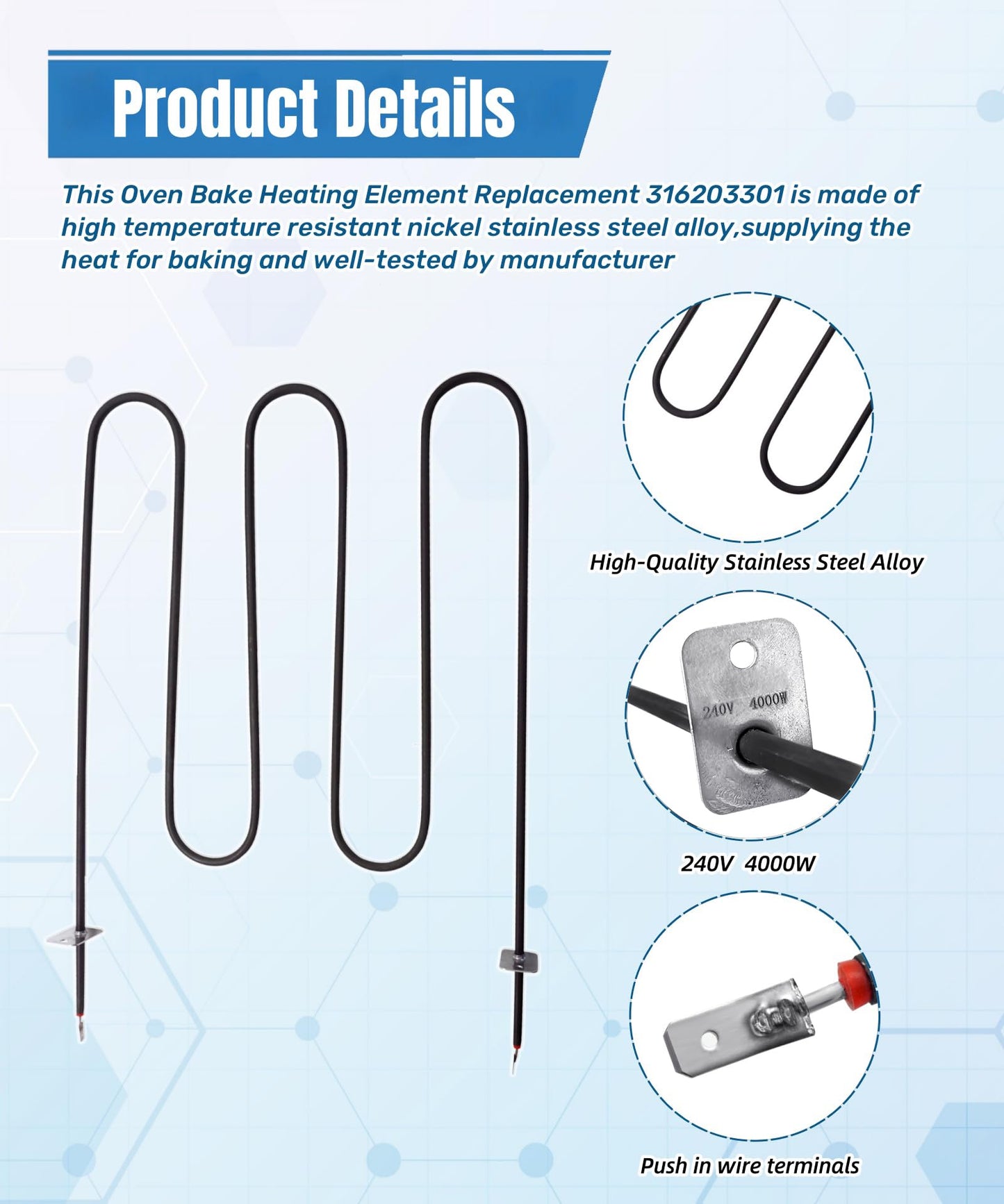 316203301 316200600 Electric Range Oven Heating Element Fits for Frigidaire Kenmore CFEF3020LWG FFEF3020LBF FGEF3031KWF, Replaces 316203300,2210851,7316203301,AH439673,EA439673,PS439673 ETC.