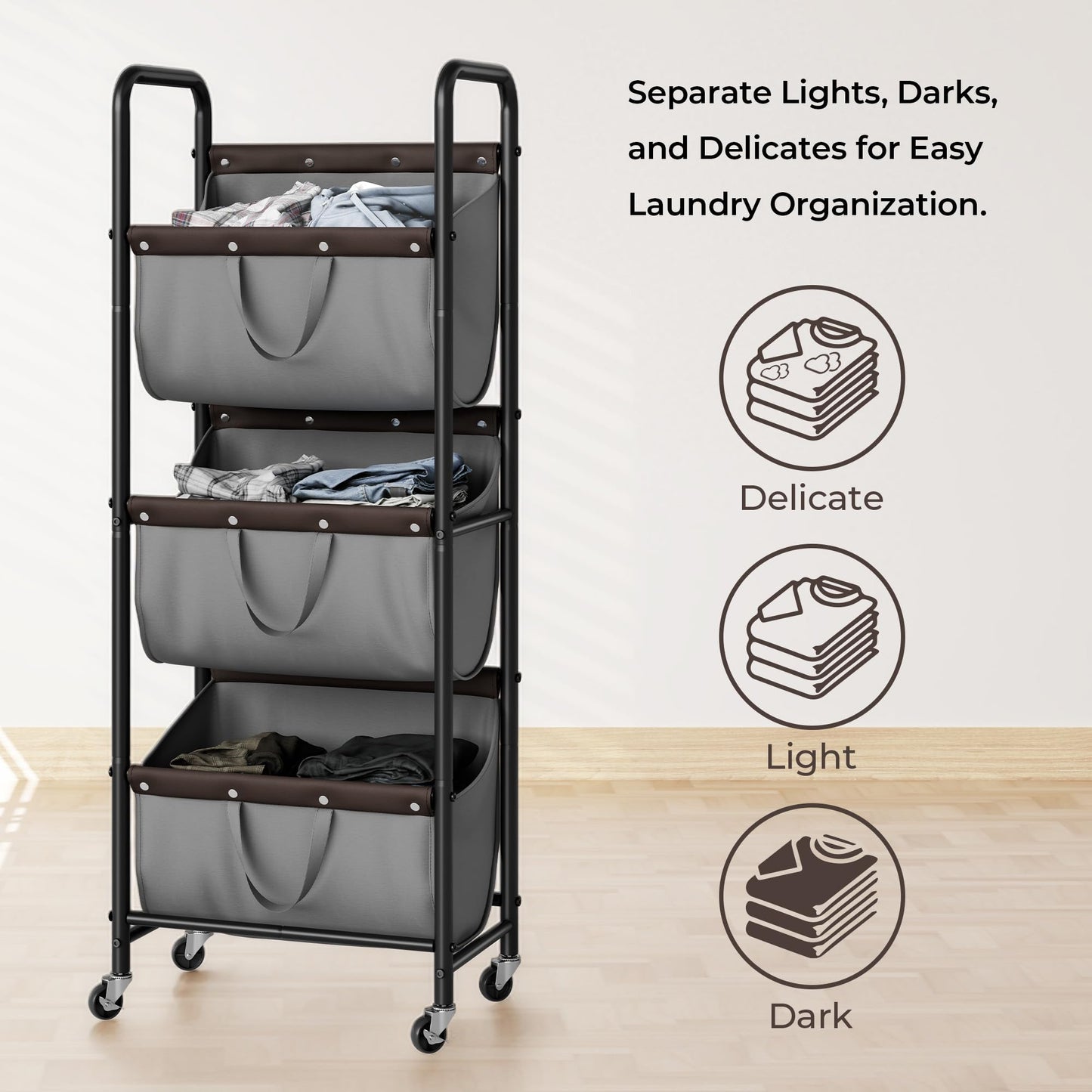 GRANNY SAYS 3 Tier Laundry Sorter, Laundry Hamper with Wheels, Laundry Room Organization and Storage, 3 Section Rolling Laundry Cart for Dorm, Bathroom, Bedroom, Closet, Grey
