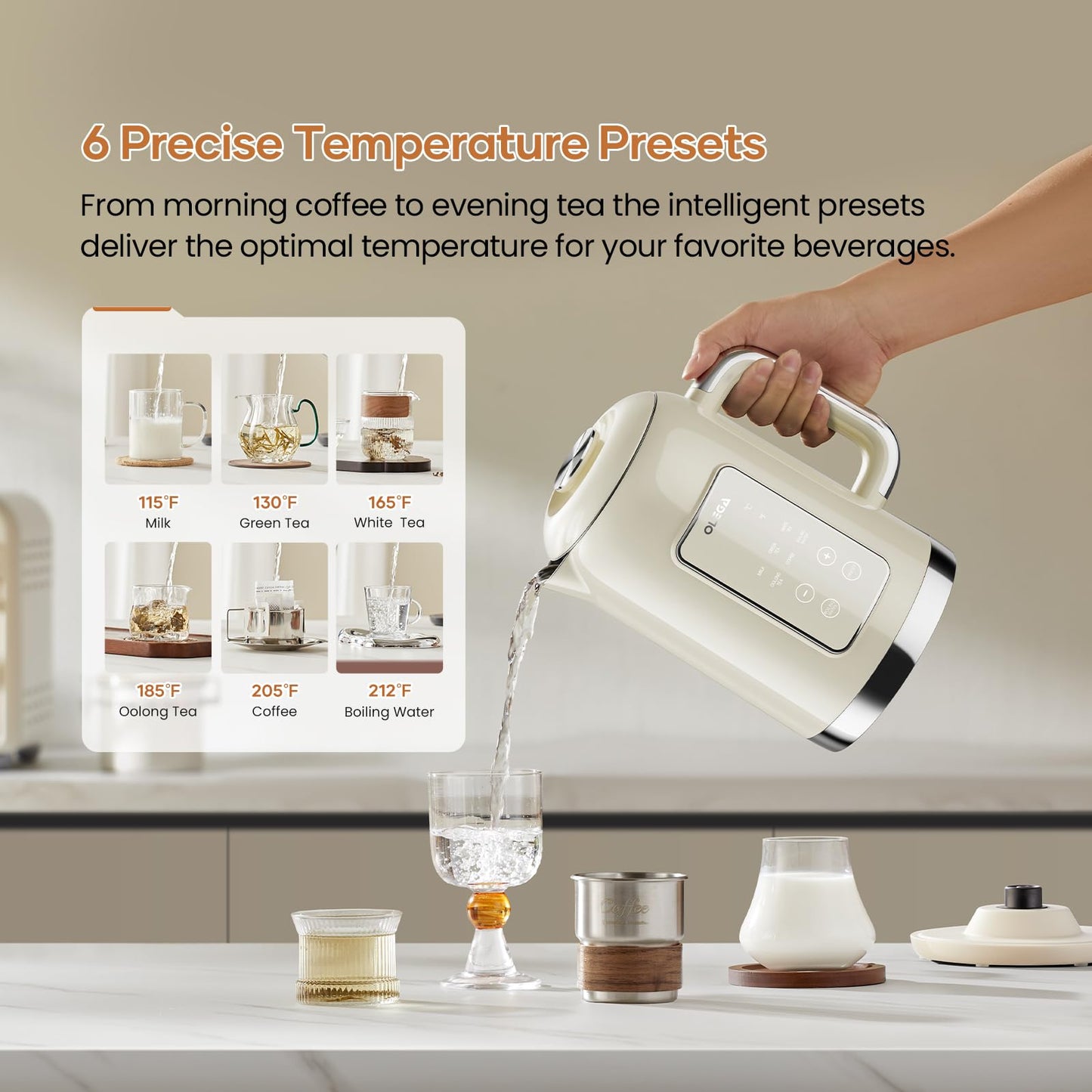 Electric Kettle Temperature Control: OLEGA 1.5L Stainless Steel Smart Kettle Hot Water Boiler, 6 Temp Presets, 1200W Fast Boiling Electric Tea & Coffee Kettle, Electric Kettles Teapot for Home -Beige