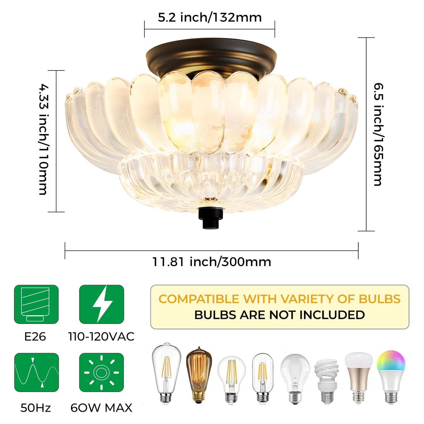 Semi Flush Mount Ceiling Light Fixture Vinatge Black Ceiling Lights Mid Century Modern Clear Glass Close to Ceiling Lighting Fixtures for Bedroom Hallway Foyer Bathroom Kitchen Laundry Room Nursery