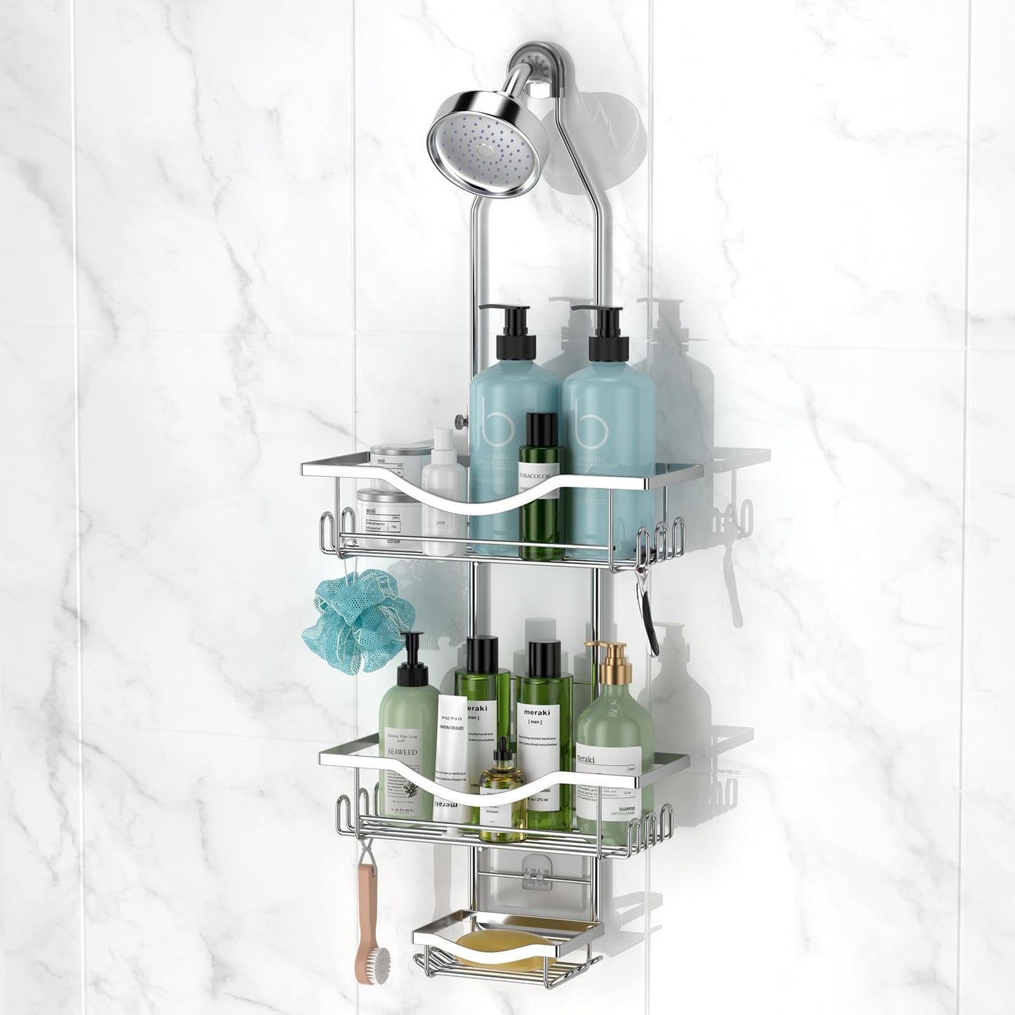 Shower Caddy Hanging Adjustable Shower Caddy, Rustproof Shower Organizer Extended Length Showers Caddy Over Shower Head with Hooks Soap Holder, Large Capacity Anti-Swing Bathroom Organizer, Silver