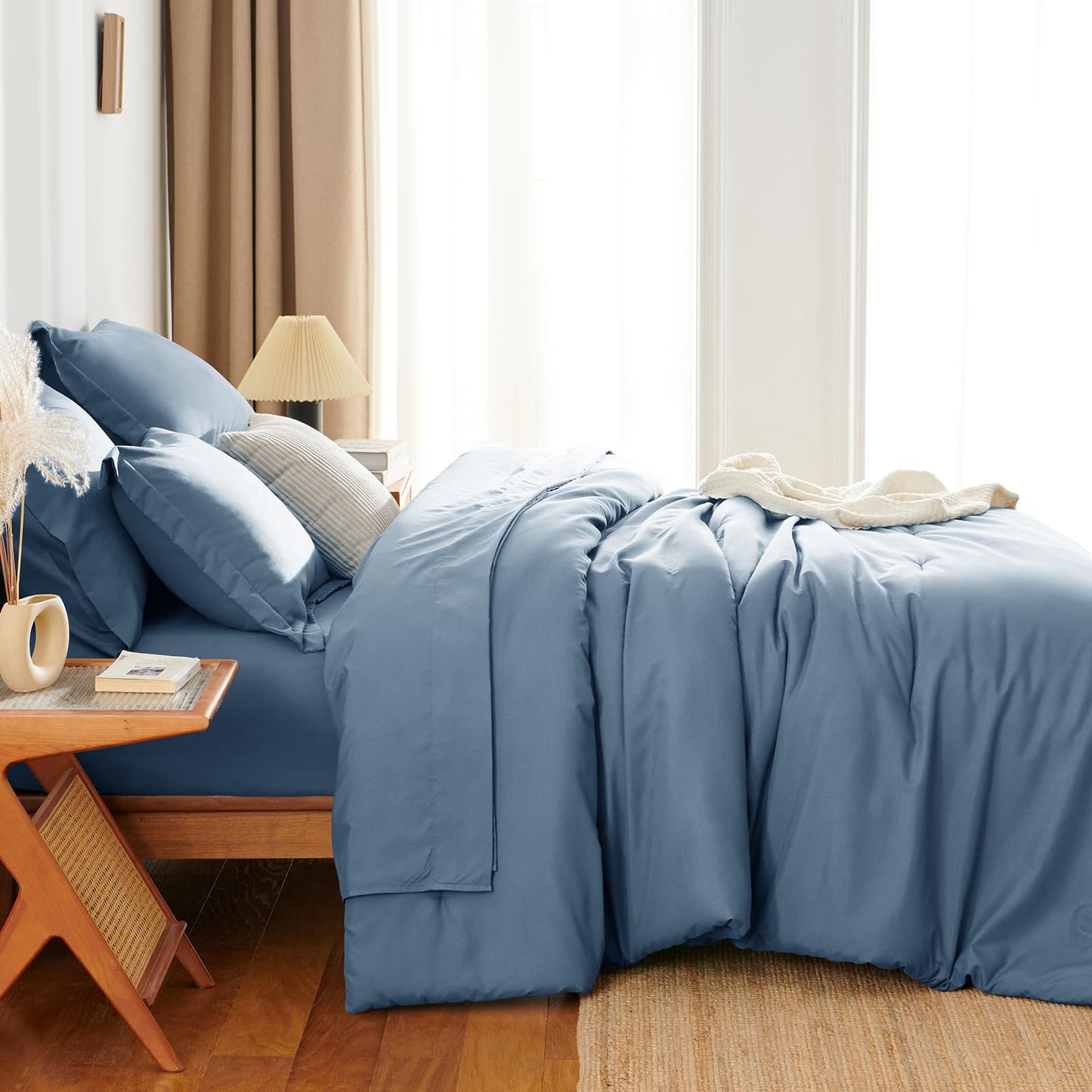 HIMEET Queen Size Comforter Sets - 7 Pieces Bed in a Bag Queen, Luxury Comforter Set with Sheets for All Season, Bed Set with Comforter, Flat Sheet, Fitted Sheet, Pillowcases & Shams, Grayish Blue