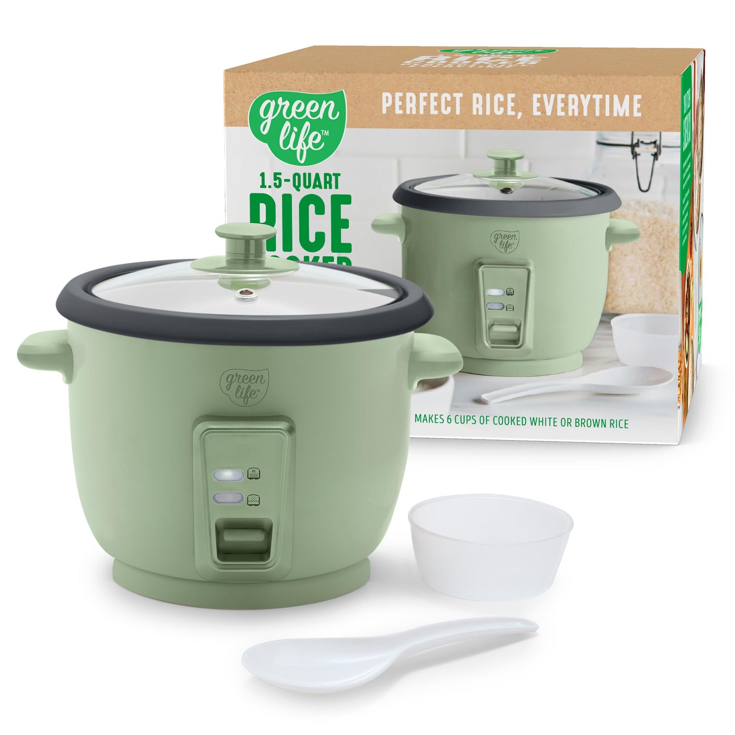 GreenLife Rice Cooker with Removable PFAS-Free Ceramic Nonstick Pot, 3-Cups Uncooked/6-Cups Cooked, Grains & Oatmeal Multicooker, Compact One-Switch Design, Auto Keep Warm, Easy Clean, Sage Green
