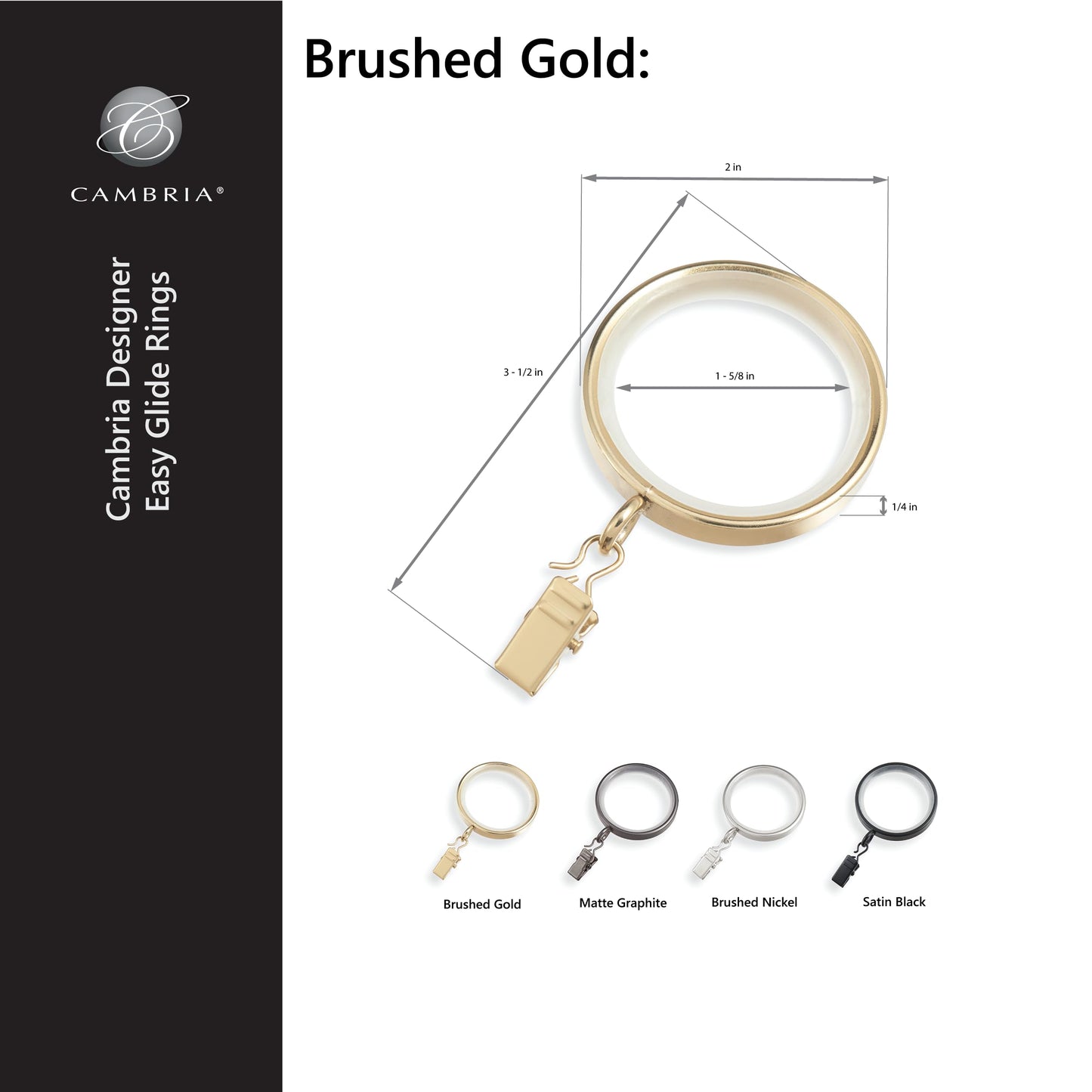 MODE Cambria Designer Series - Premium Easy Glide 18 Count Curtain Rings - Metal with Smooth, Quiet Nylon Inserts with Clips - 2 inch Diameter (1-5/8 inch Inside Diameter) - Brushed Gold