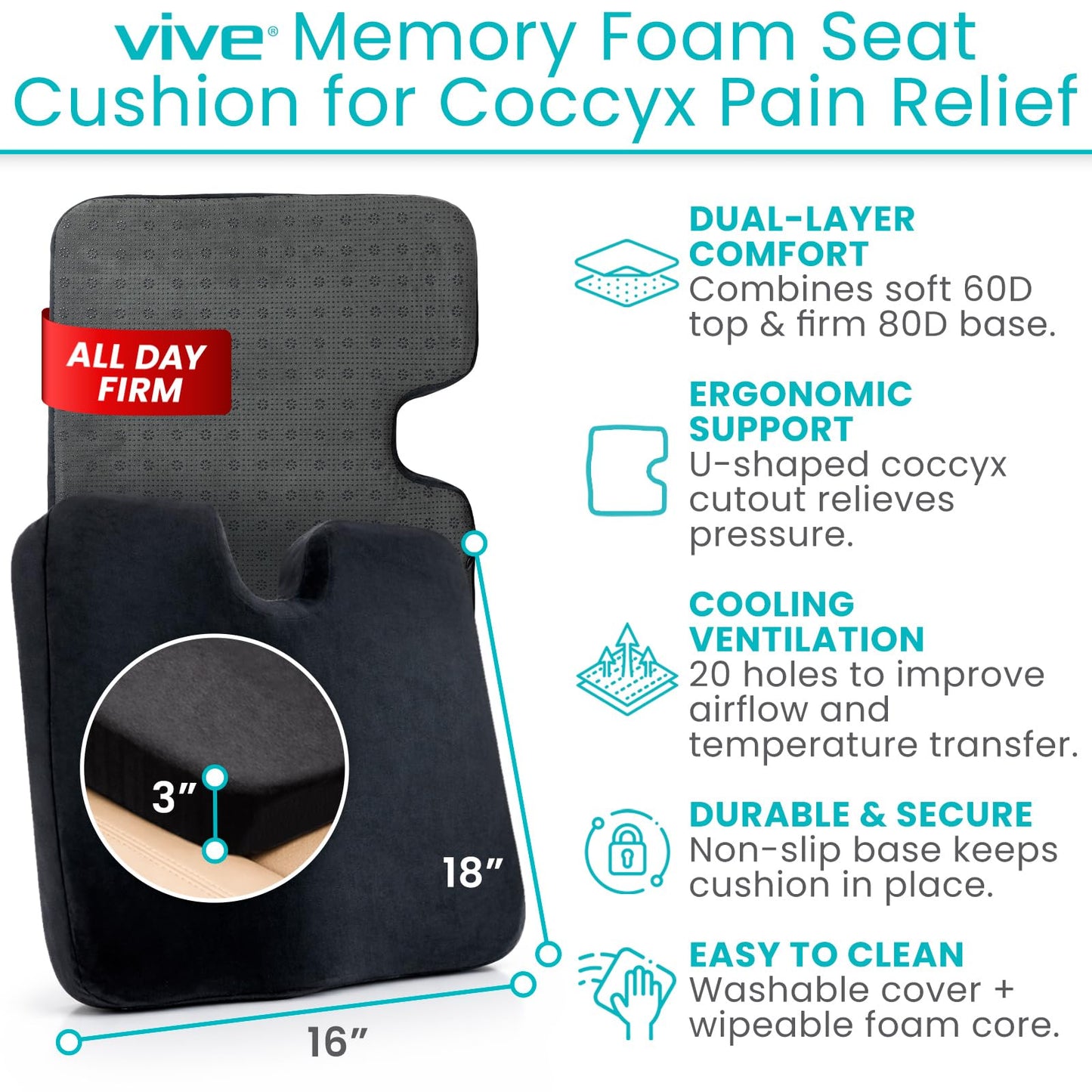 Vive Memory Foam Seat Cushion – Tailbone Pain Relief, Sciatica, Coccyx & Back Support for Office Chair, Car Seat, Wheelchair & Airplane, Water-Resistant Cover, 2-Layer Foam Comfort, Wheelchair (Black)